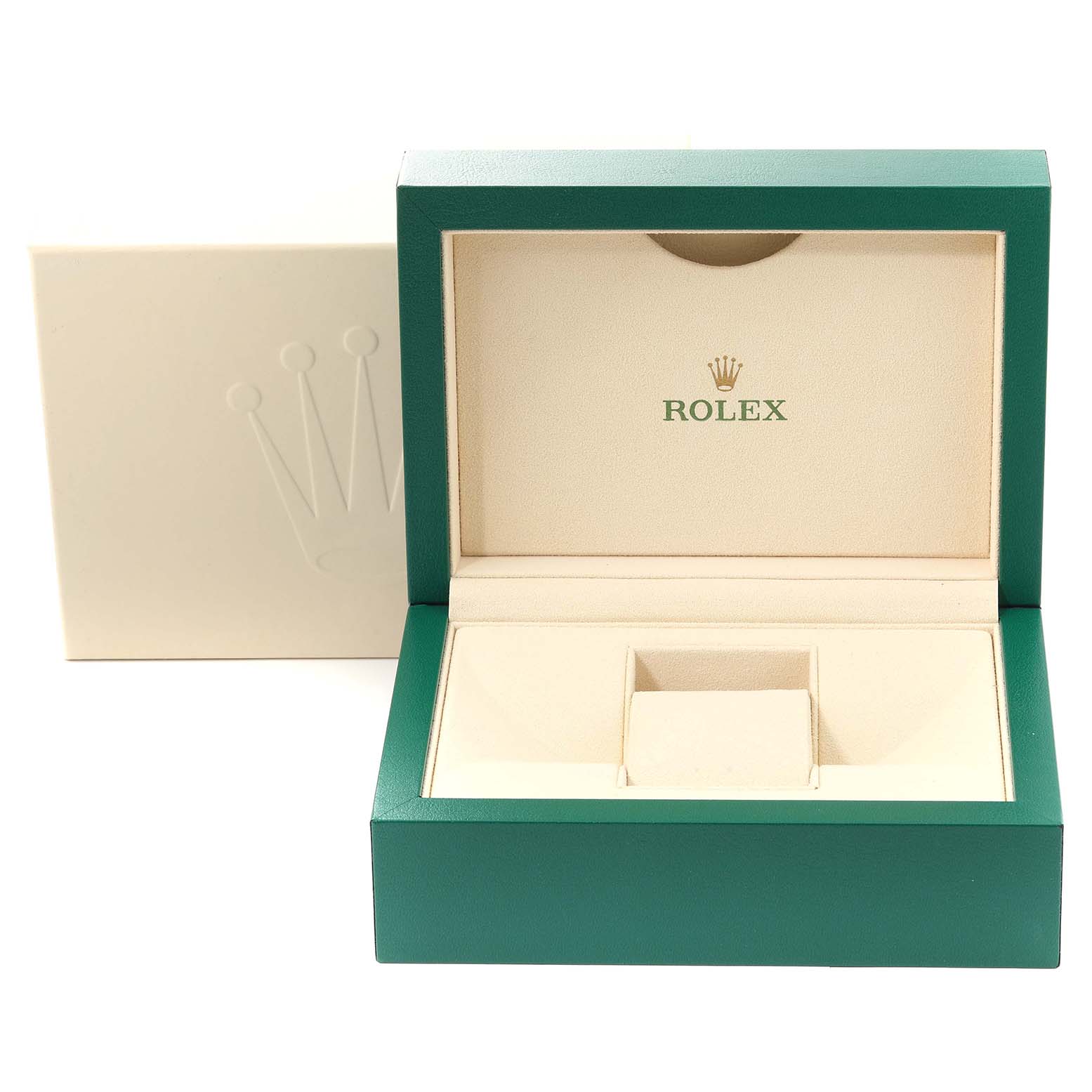 This image shows an open Rolex box for a Mid-Size model watch, displaying the cushioned interior and logo.