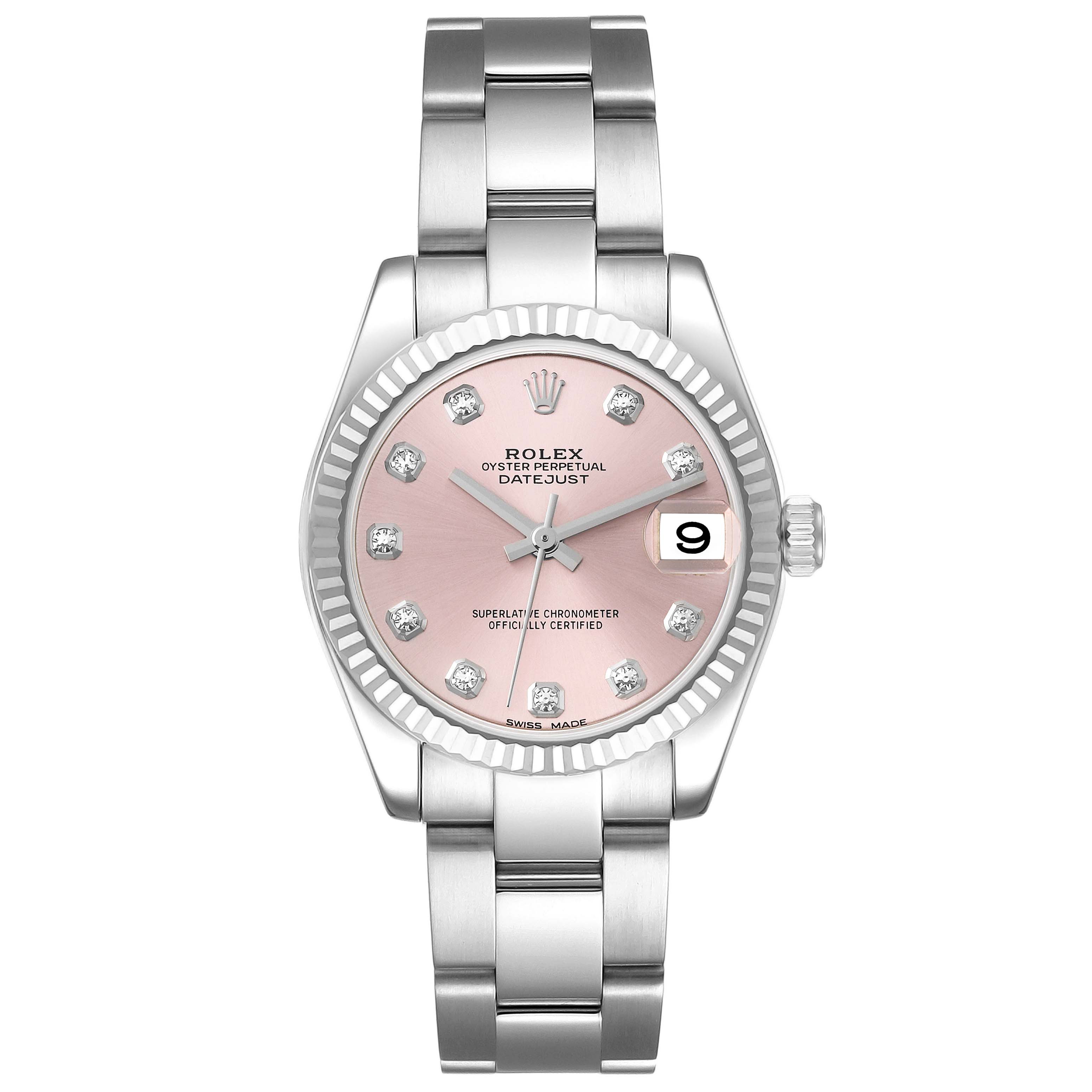 This image shows a front view of a Rolex Mid-Size 178274 Women's Stainless Steel Pink Dial 178274 Women's Stainless Steel Pink Dial Datejust watch with a pink dial and stainless steel bracelet.