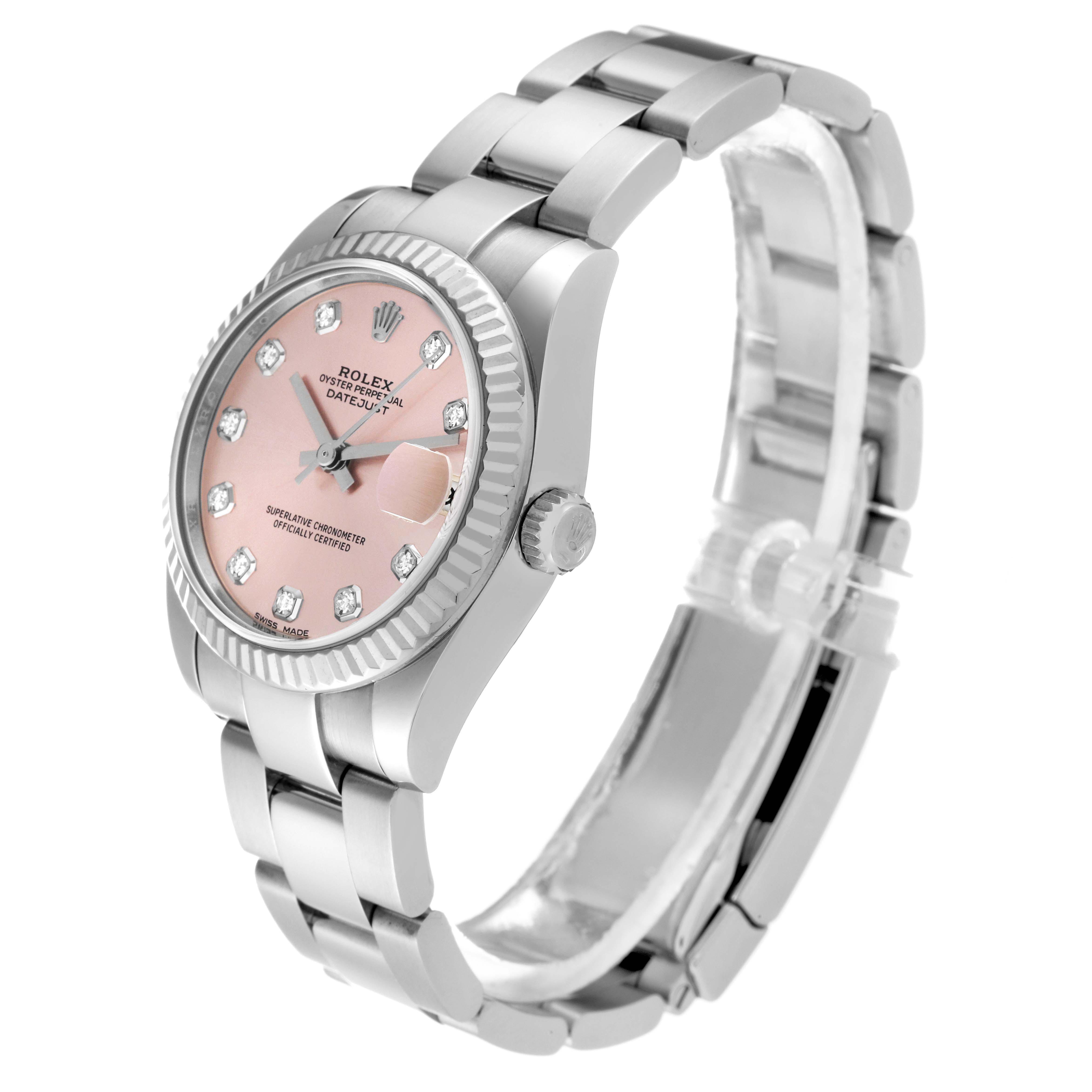 This image shows a Rolex Mid-Size 178274 Women's Stainless Steel Pink Dial 178274 Women's Stainless Steel Pink Dial model watch from an angled side view, displaying the dial, bezel, crown, and bracelet.
