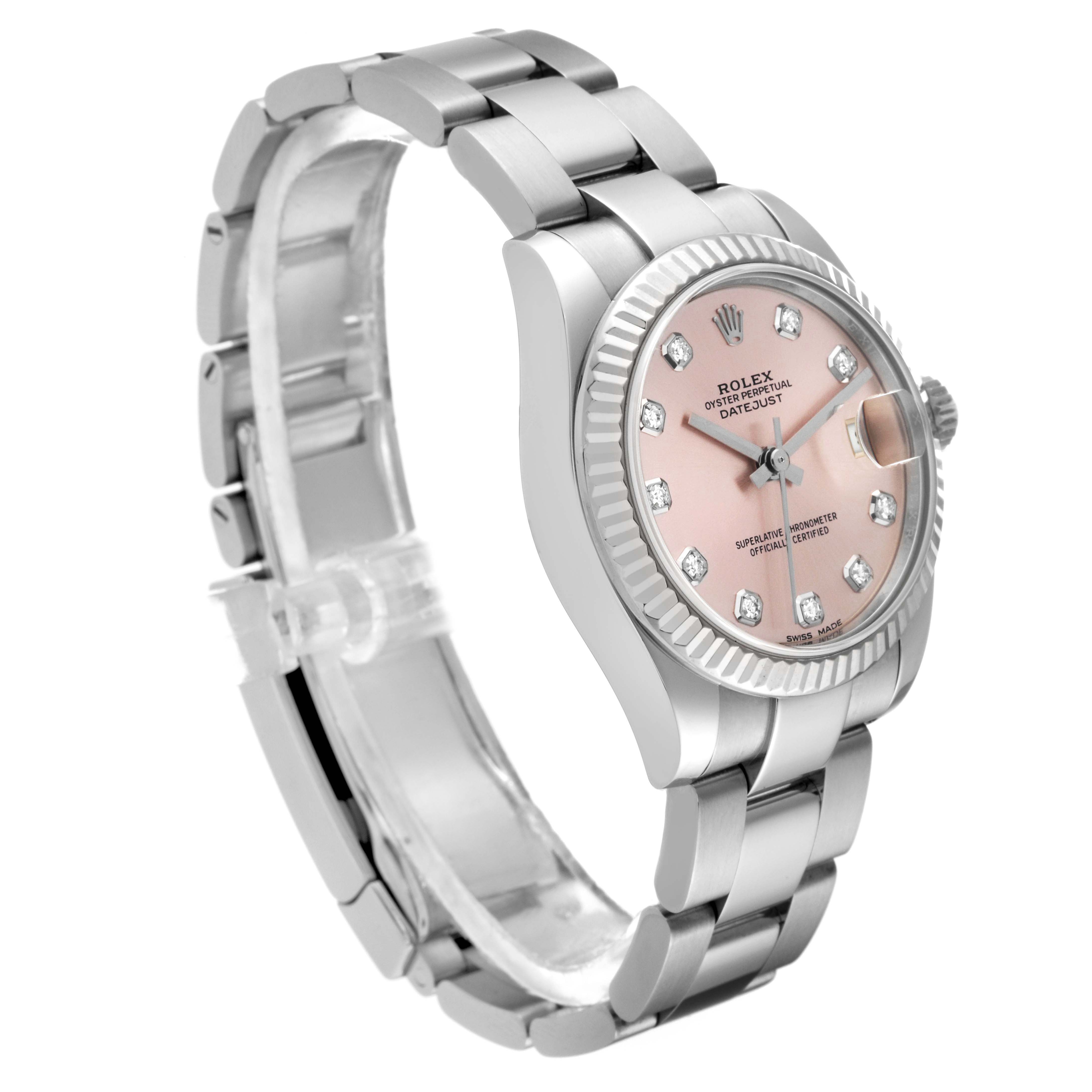 The Rolex Mid-Size 178274 Women's Stainless Steel Pink Dial 178274 Women's Stainless Steel Pink Dial watch is shown at an angle highlighting the bracelet, case, pink dial, and diamond hour markers.
