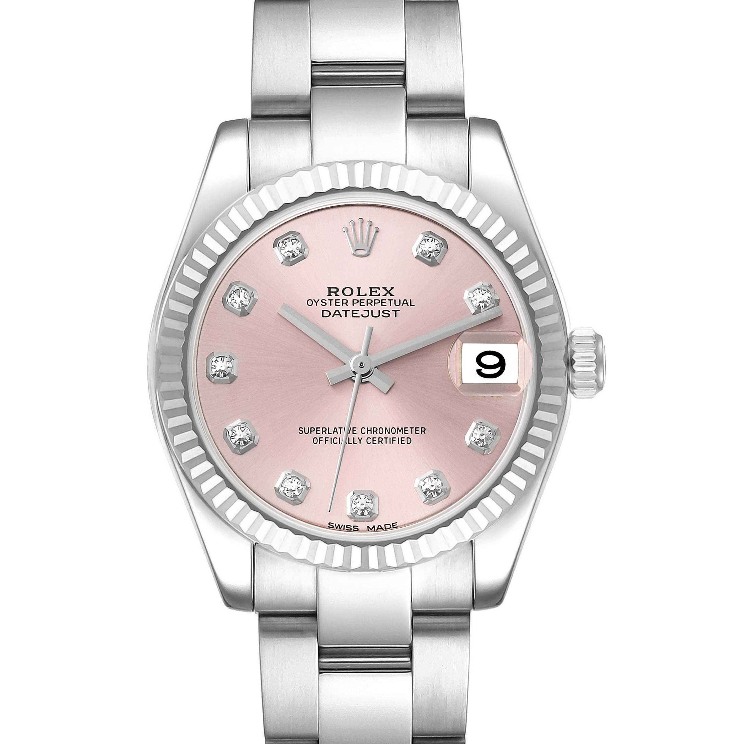 The Rolex Mid-Size 178274 Women's Stainless Steel Pink Dial 178274 Women's Stainless Steel Pink Dial Datejust watch is shown from the front, displaying its pink dial, diamond hour markers, date window, and stainless steel bracelet.
