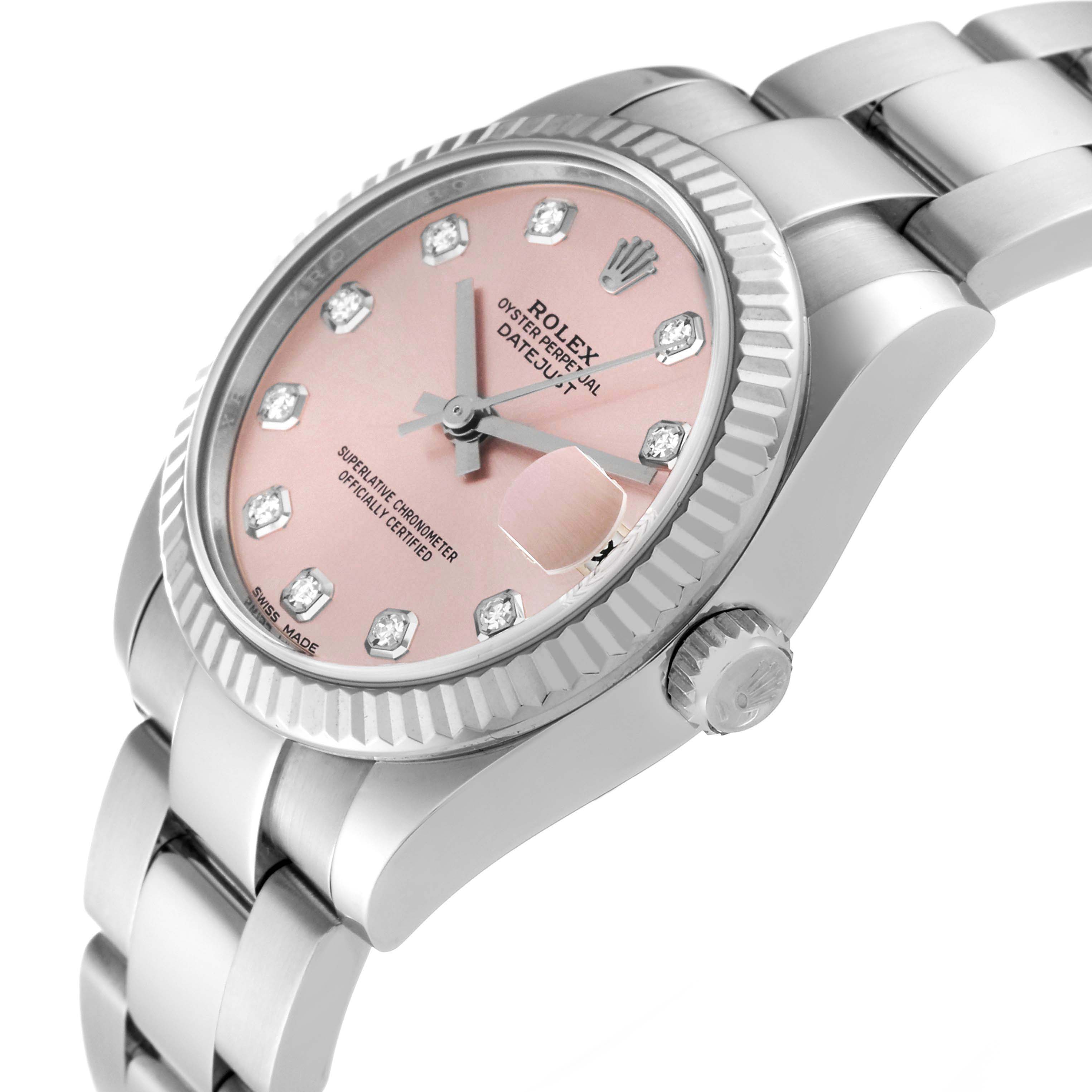 This image shows a side-angle view of a Mid-Size Rolex Oyster Perpetual Datejust, highlighting its pink dial, bezel, crown, and bracelet.