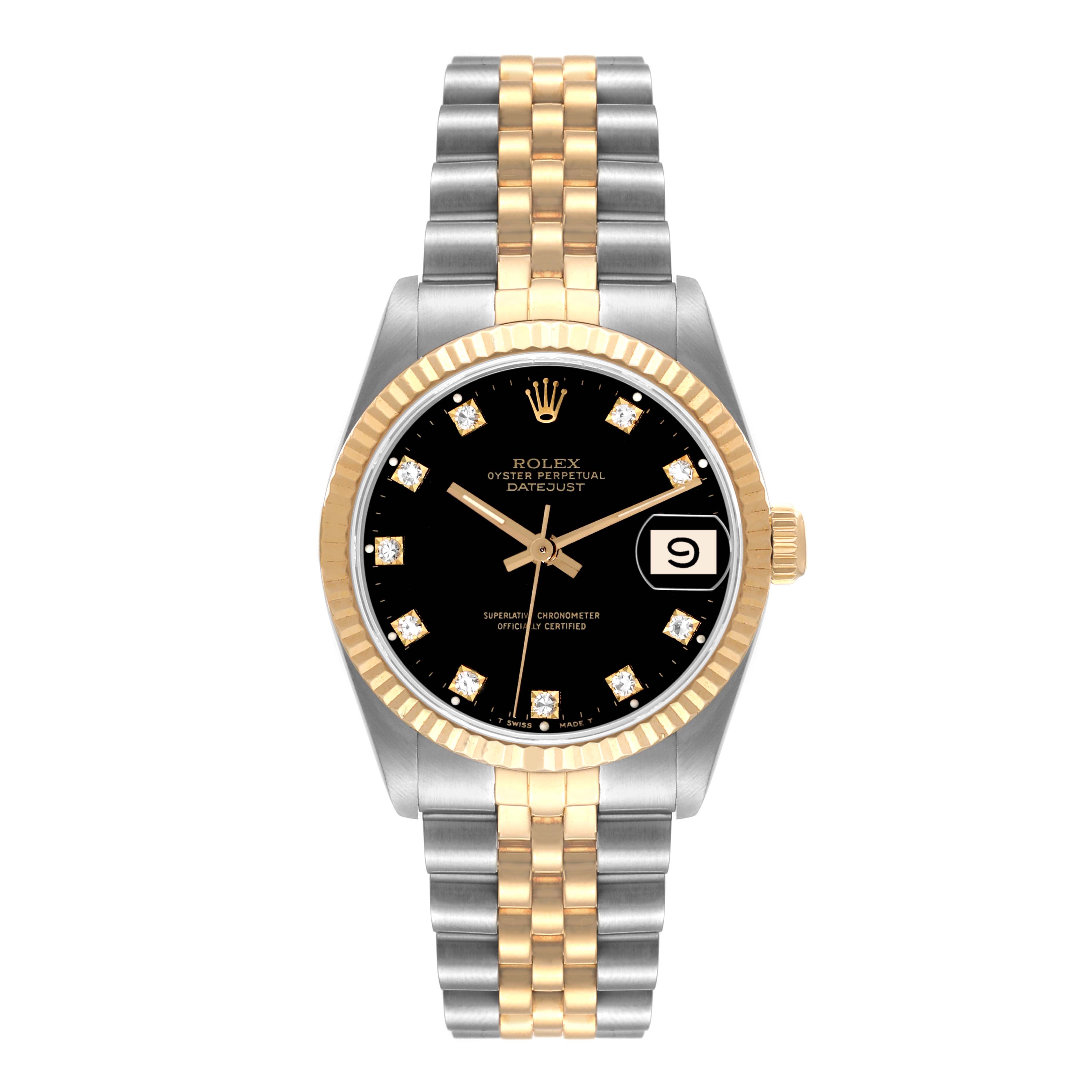 This image shows a front view of the Rolex Mid-Size 68273 Women
s Steel and Gold (two tone) Black Dial 68273 Women
s Steel and Gold (two tone) Black Dial Oyster Perpetual Datejust watch with a diamond-studded black dial and two-tone bracelet.