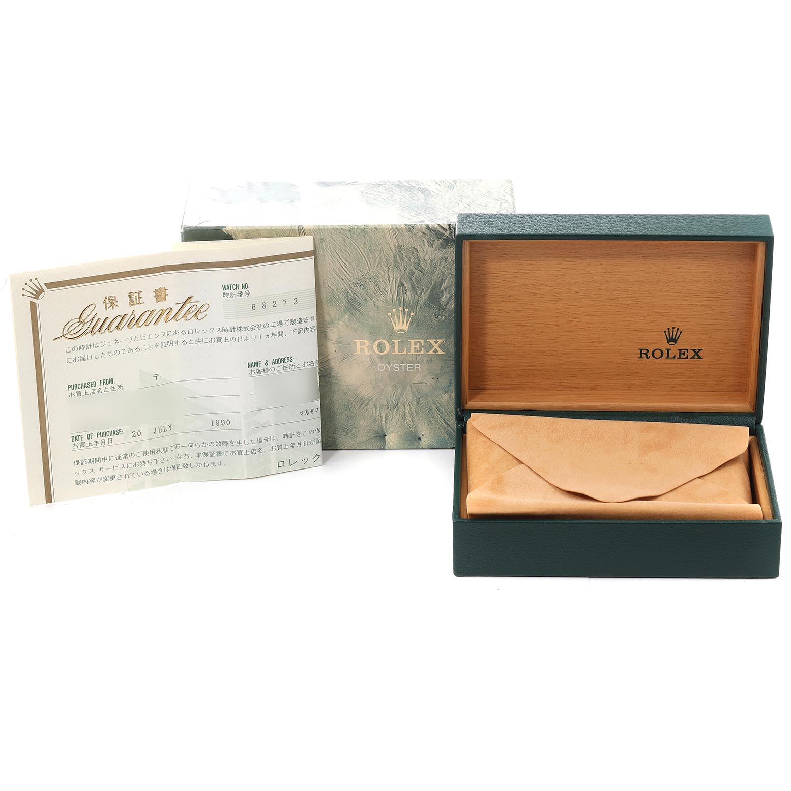 The image shows the outer box, inner box, and guarantee certificate for a Rolex Mid-Size 68273 Women
s Steel and Gold (two tone) Black Dial 68273 Women
s Steel and Gold (two tone) Black Dial watch.
