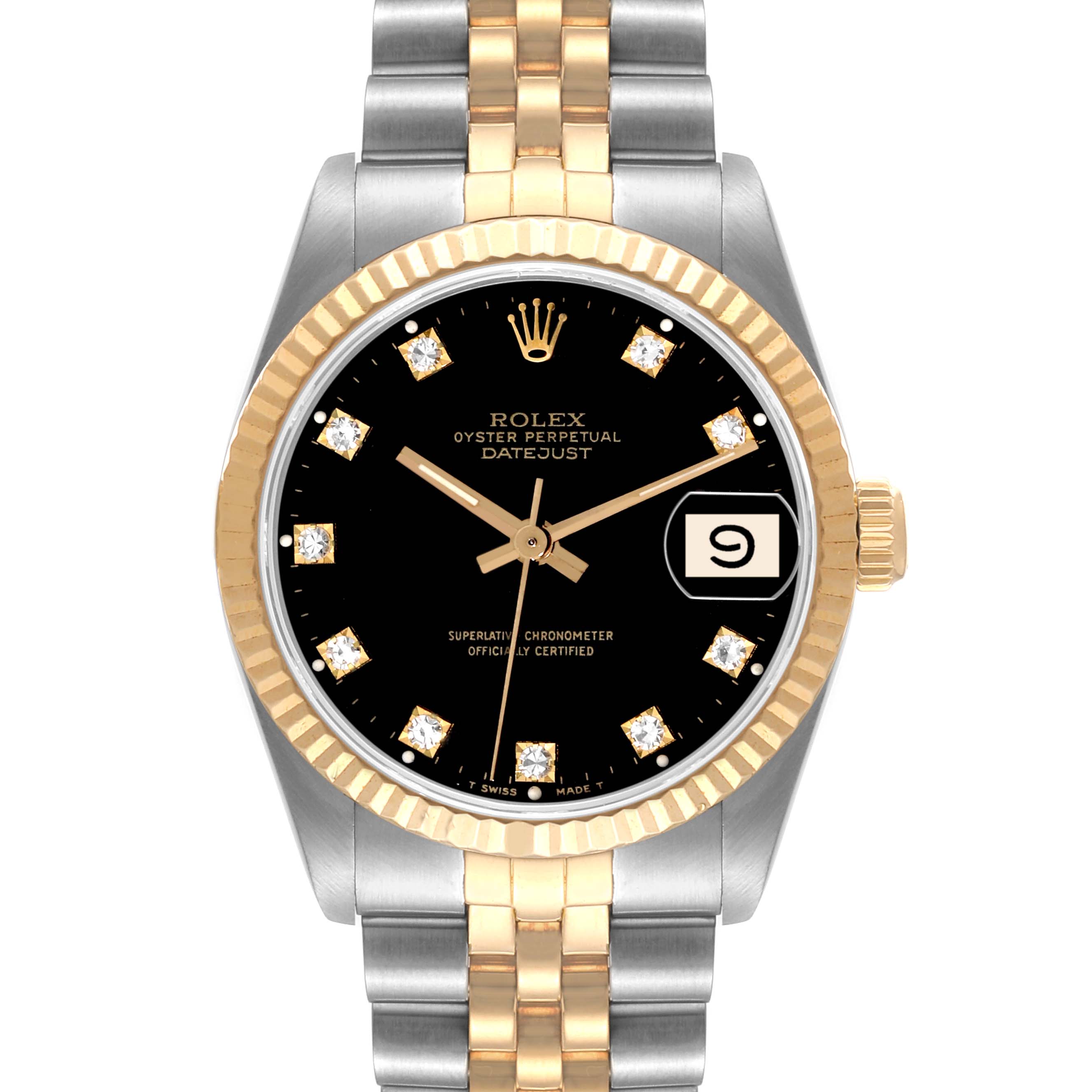 This Rolex Mid-Size 68273 Women
s Steel and Gold (two tone) Black Dial 68273 Women
s Steel and Gold (two tone) Black Dial Datejust watch is shown from the front, displaying its bezel, dial, and bracelet.