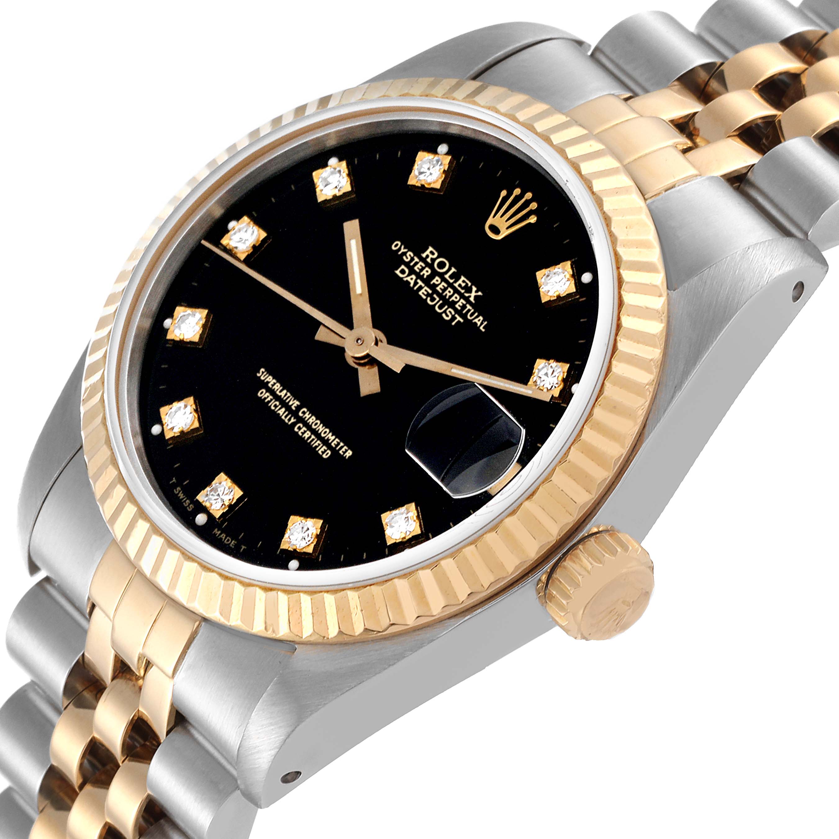 This Rolex Mid-Size 68273 Women
s Steel and Gold (two tone) Black Dial 68273 Women
s Steel and Gold (two tone) Black Dial model shows the face, crown, bezel, and part of the band at a slight angled view.