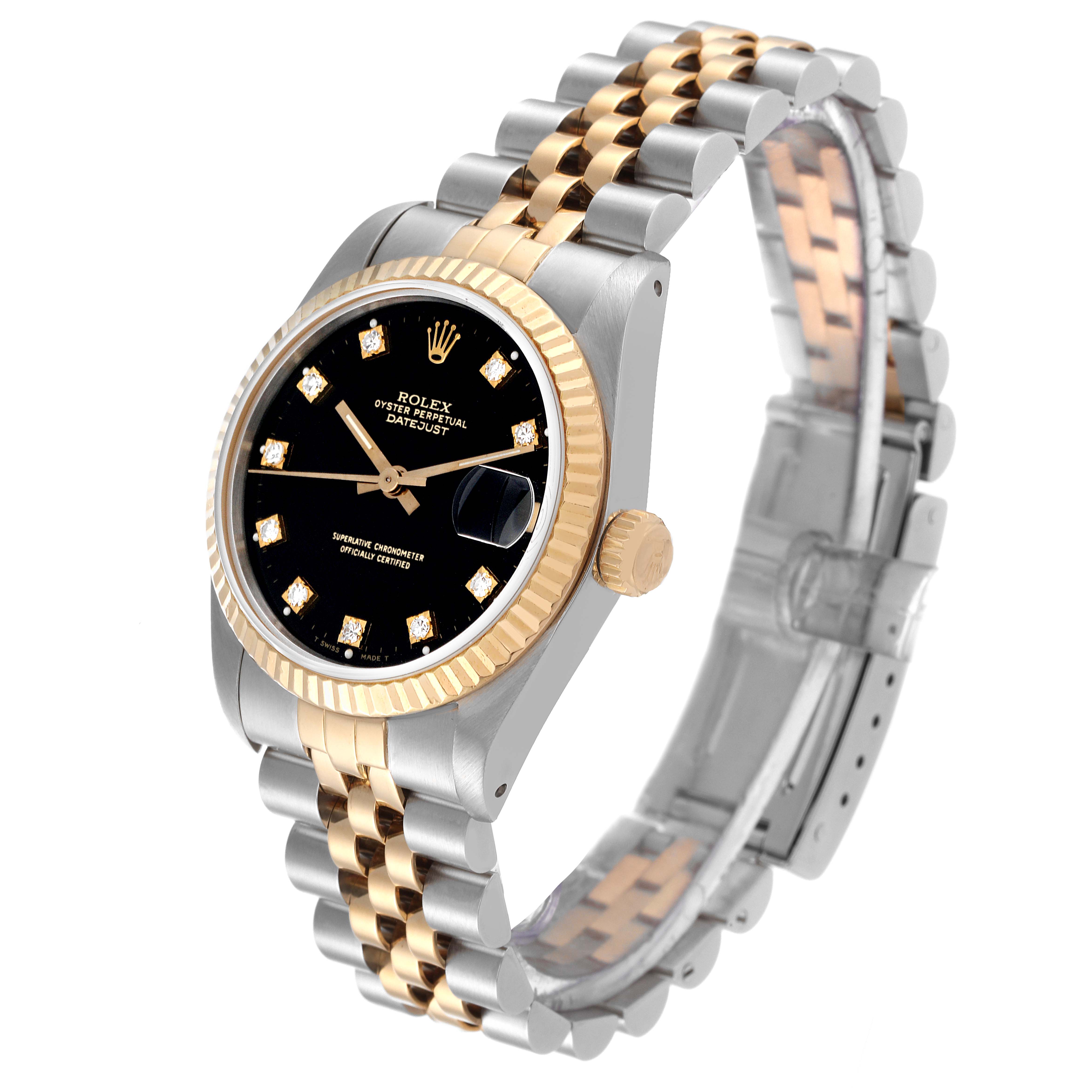 The Rolex Mid-Size 68273 Women
s Steel and Gold (two tone) Black Dial 68273 Women
s Steel and Gold (two tone) Black Dial model watch is shown at an angled view, displaying its dial, case, bezel, crown, and Jubilee bracelet.