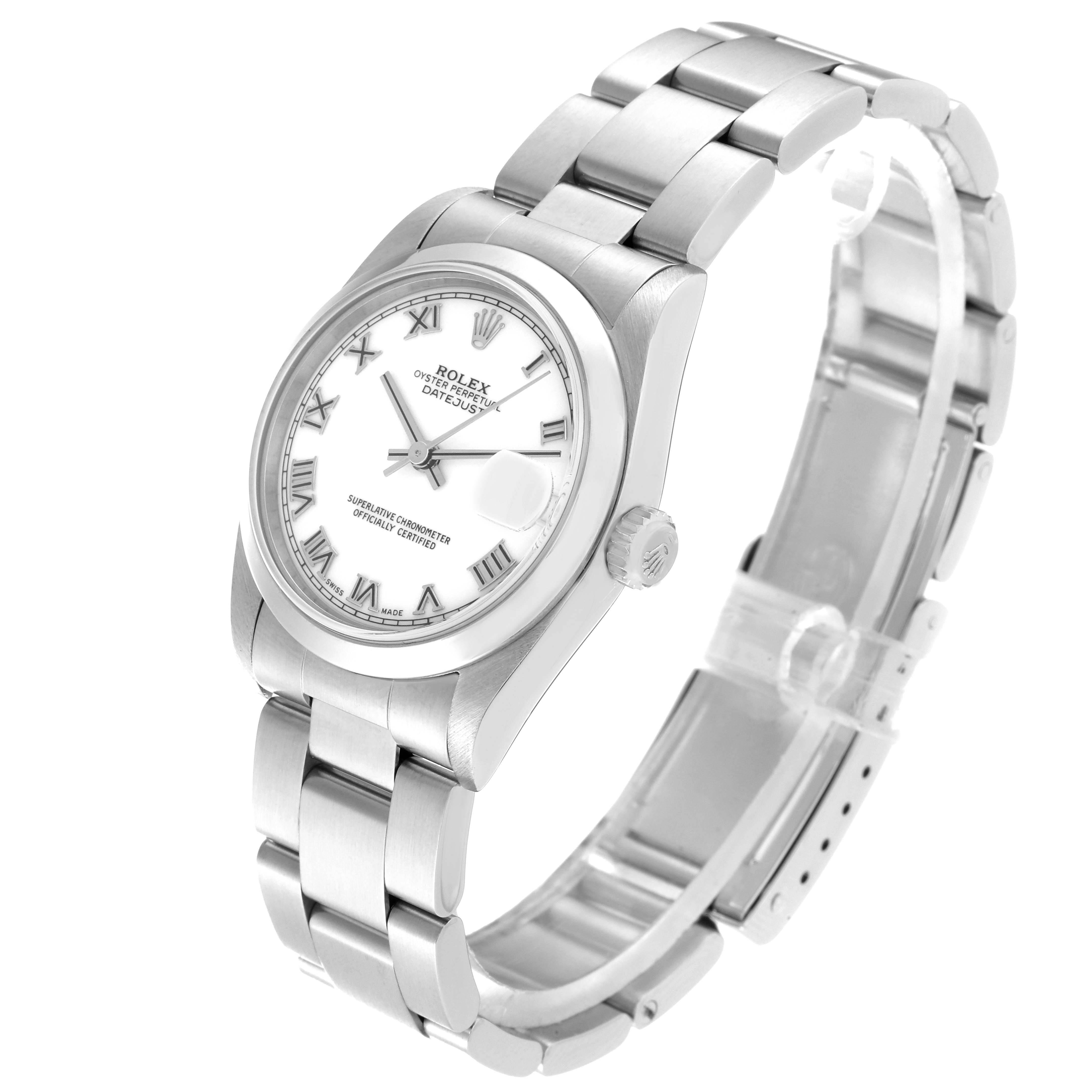 The image shows a Rolex Mid-Size 68240 Women
s Stainless Steel White Dial 68240 Women
s Stainless Steel White Dial watch from a three-quarter angle, displaying its face, bezel, crown, and bracelet.