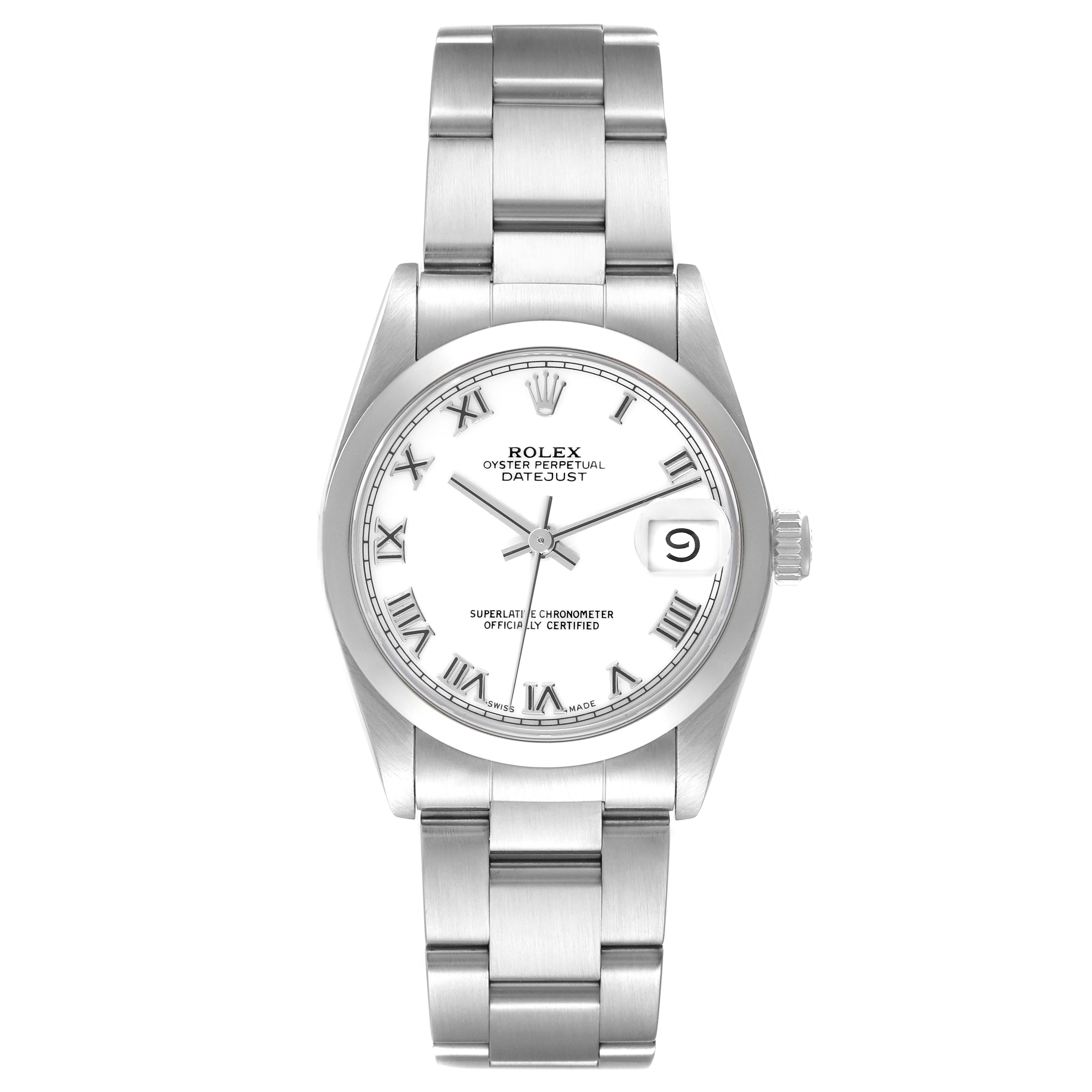 The image shows a front view of a Rolex Mid-Size 68240 Women
s Stainless Steel White Dial 68240 Women
s Stainless Steel White Dial Oyster Perpetual Datejust watch, displaying its face, bezel, and bracelet.