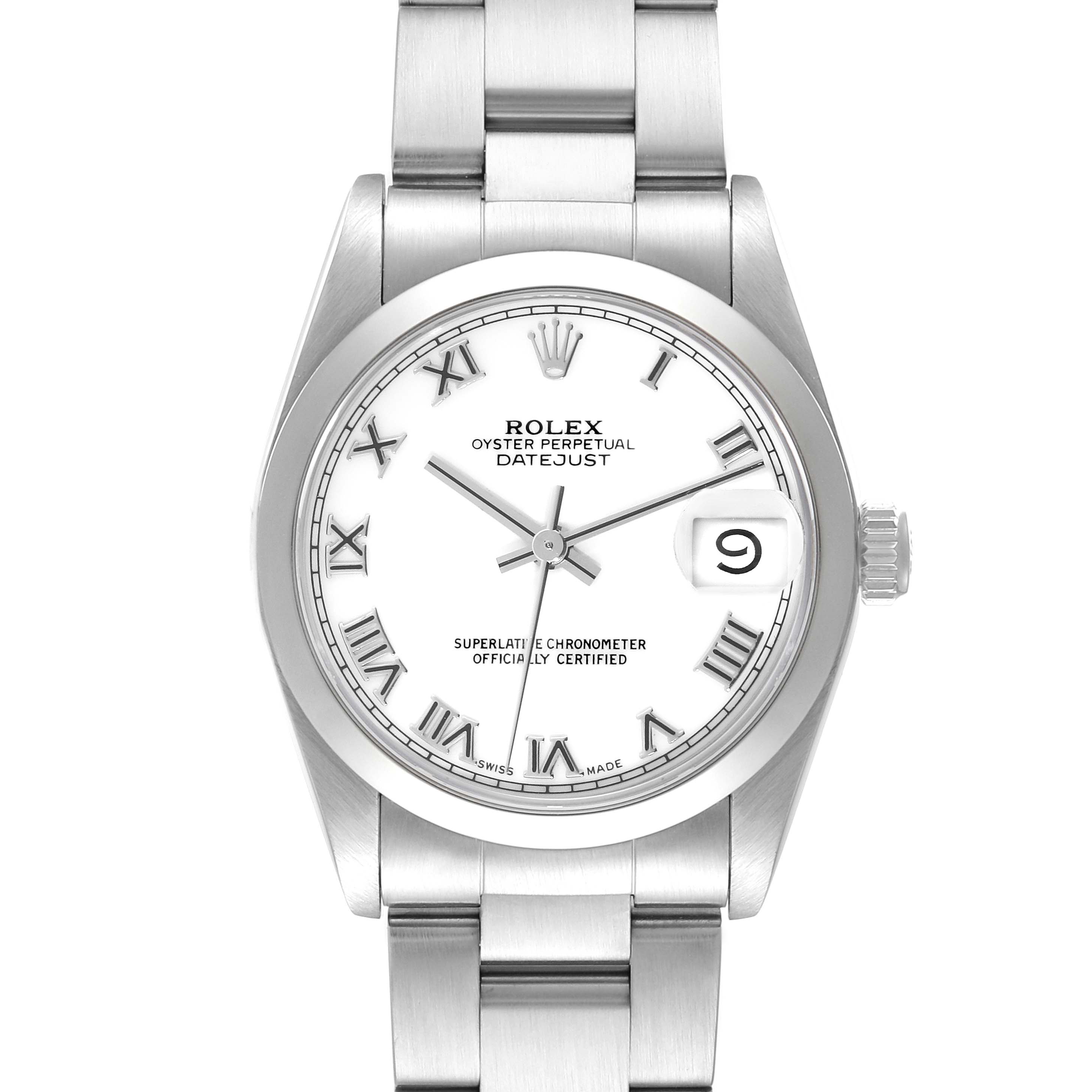 This image shows a front view of the Rolex Mid-Size 68240 Women
s Stainless Steel White Dial 68240 Women
s Stainless Steel White Dial Oyster Perpetual Datejust watch, displaying the dial, bezel, and bracelet.