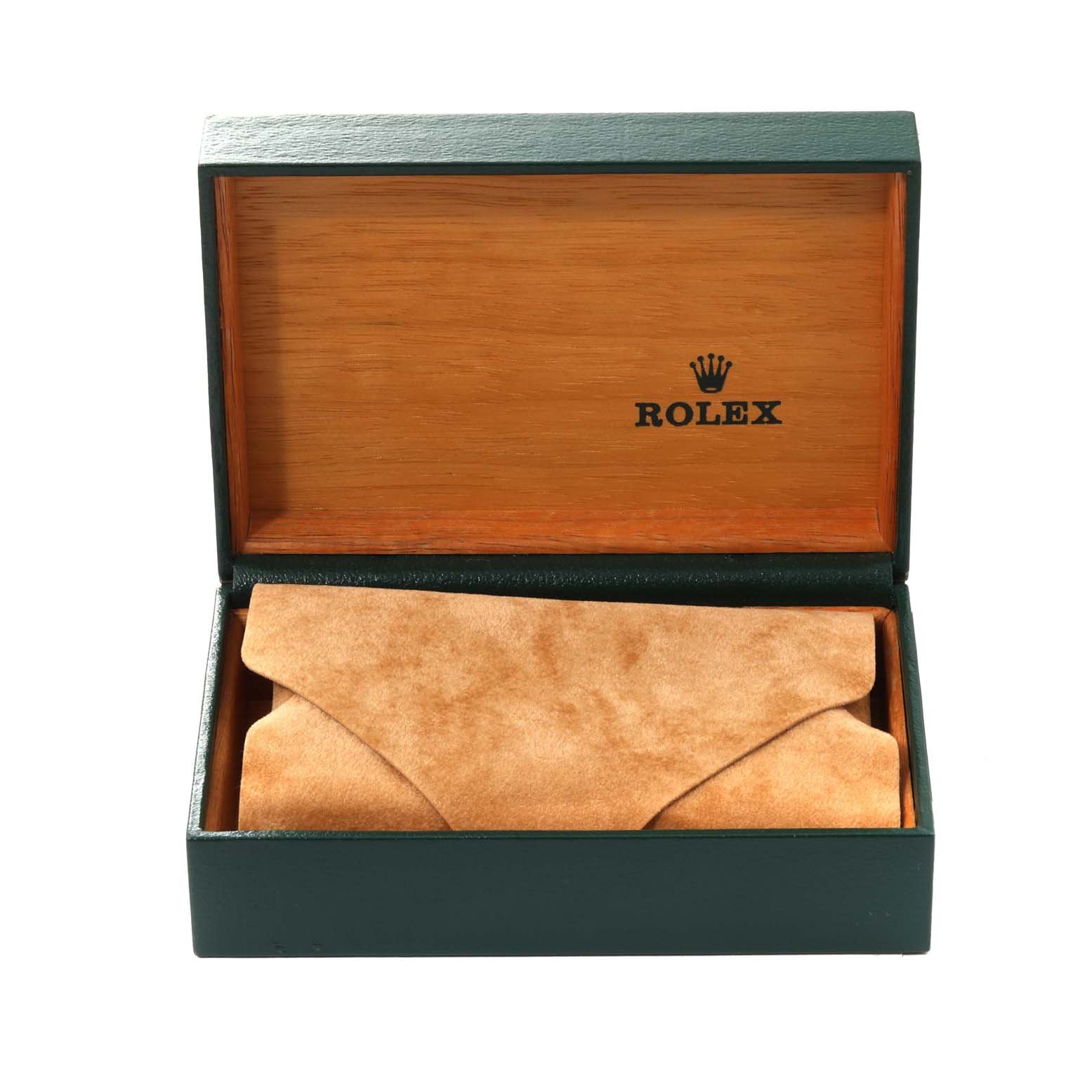 This image shows an open Rolex watch box with a suede cover inside, meant to hold a Mid-Size model Rolex watch.