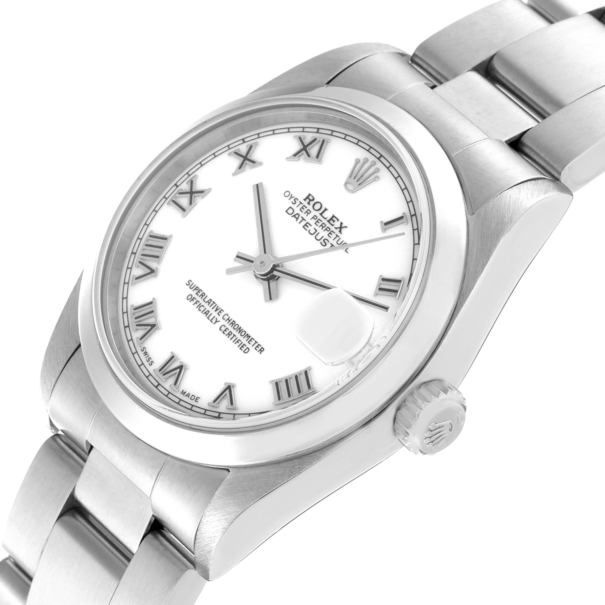 The image shows a close-up angle of a Rolex Mid-Size 68240 Women
s Stainless Steel White Dial 68240 Women
s Stainless Steel White Dial model watch, focusing on its dial, bezel, crown, and bracelet.