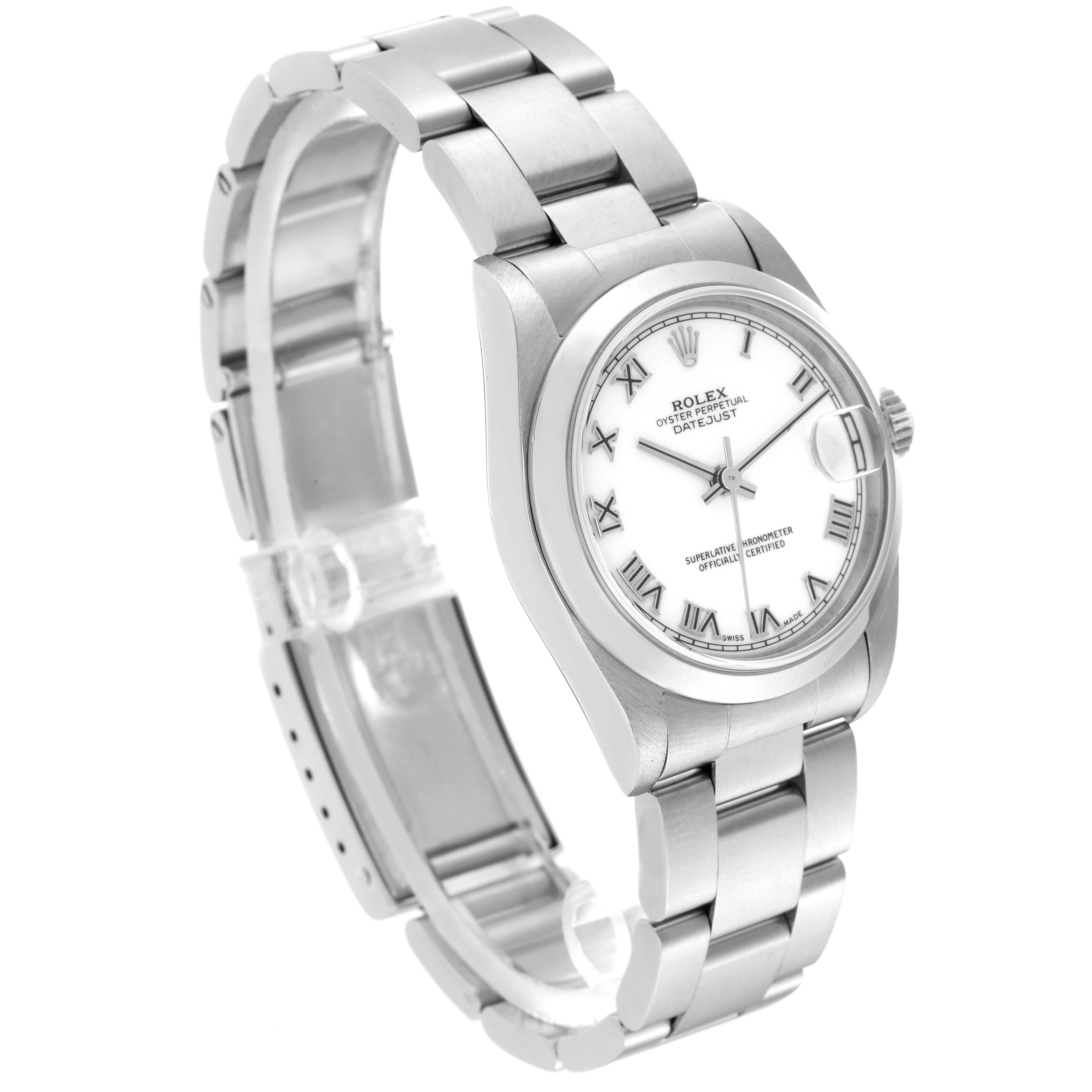 This image shows a side-angle view of a Rolex Mid-Size 68240 Women
s Stainless Steel White Dial 68240 Women
s Stainless Steel White Dial model watch highlighting its face, bezel, and stainless steel bracelet.