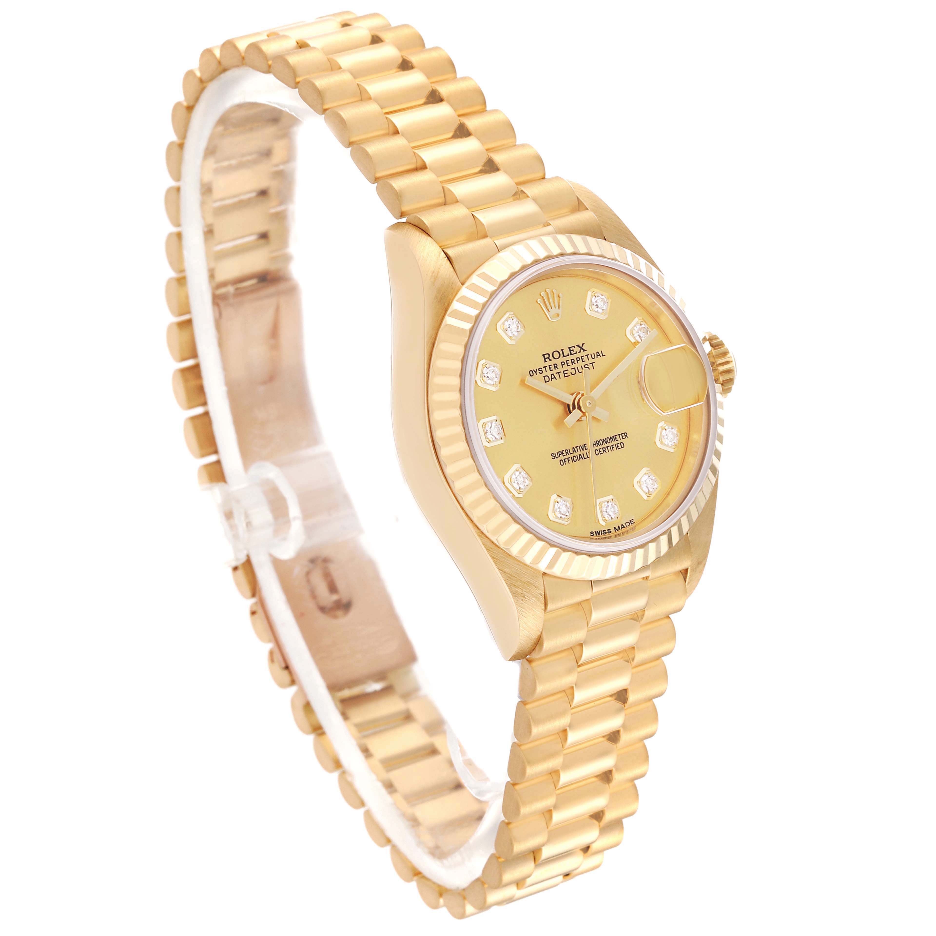 The image shows a side angle of a Rolex President 69178 Women
s Yellow Gold Champagne Dial 69178 Women
s Yellow Gold Champagne Dial model watch, highlighting the gold bracelet, dial, and bezel.