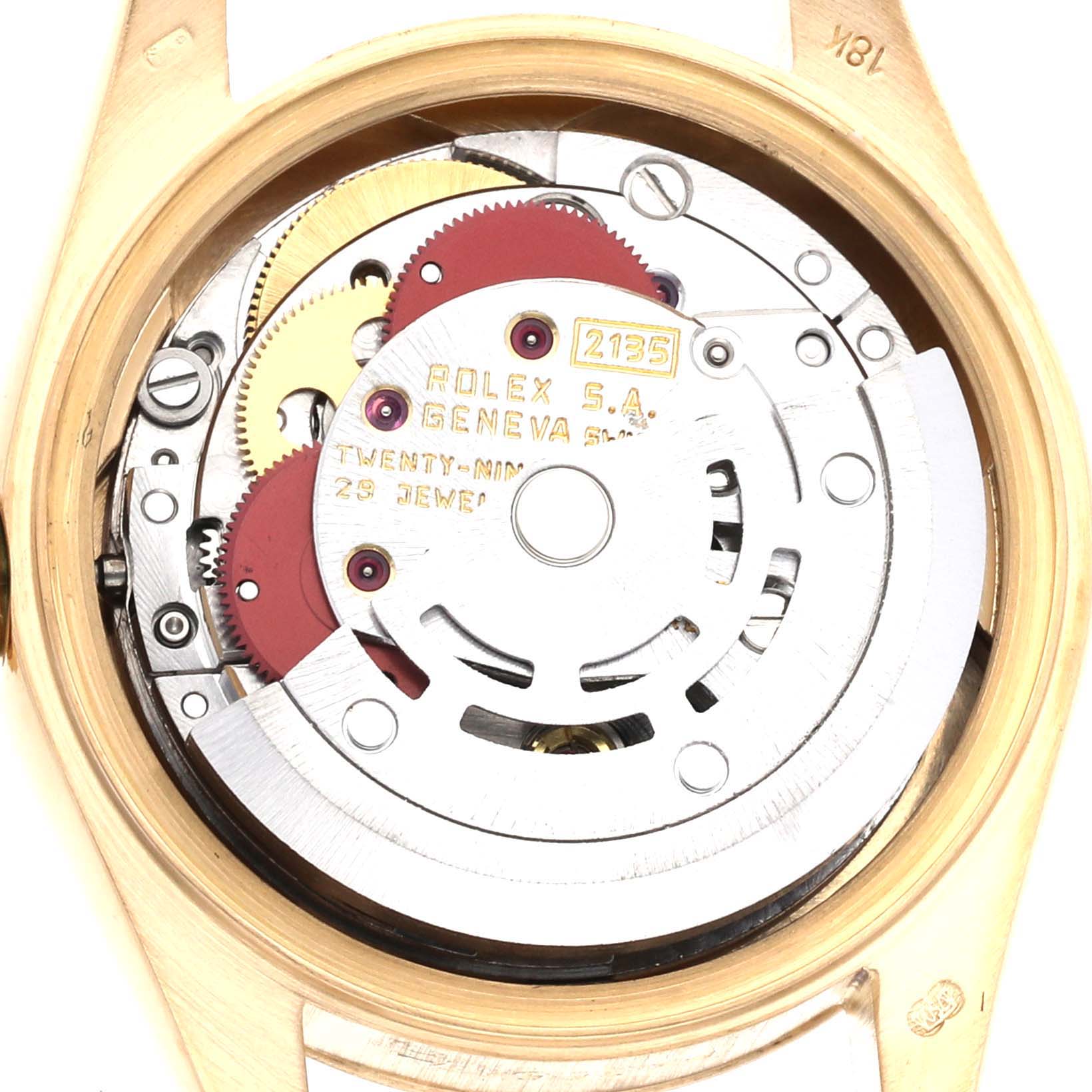 The image shows the inner mechanical movement of a Rolex President 69178 Women
s Yellow Gold Champagne Dial 69178 Women
s Yellow Gold Champagne Dial model watch, viewed from the back case.