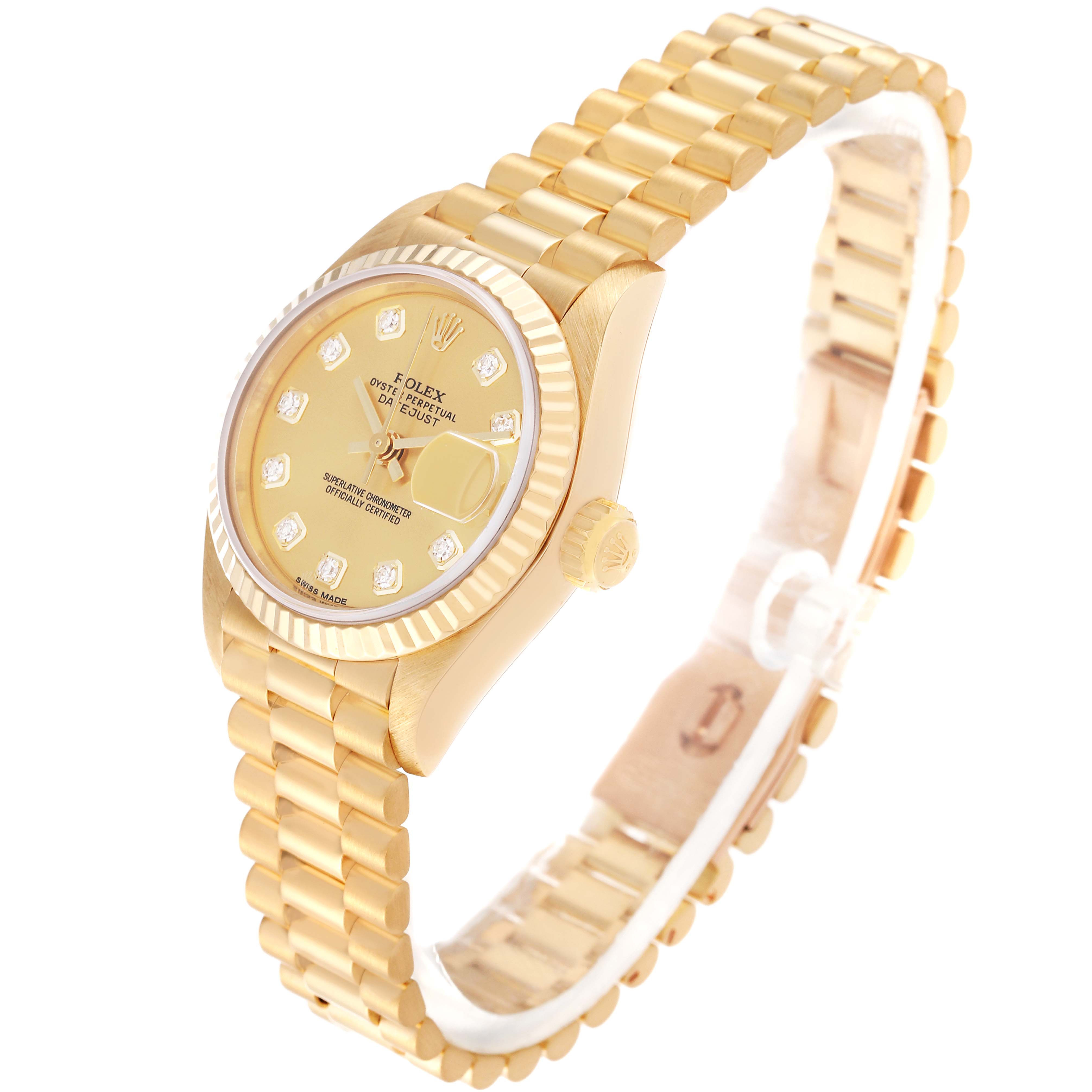 The image shows a side angle of a Rolex President 69178 Women
s Yellow Gold Champagne Dial 69178 Women
s Yellow Gold Champagne Dial model watch, highlighting its band, crown, and face.
