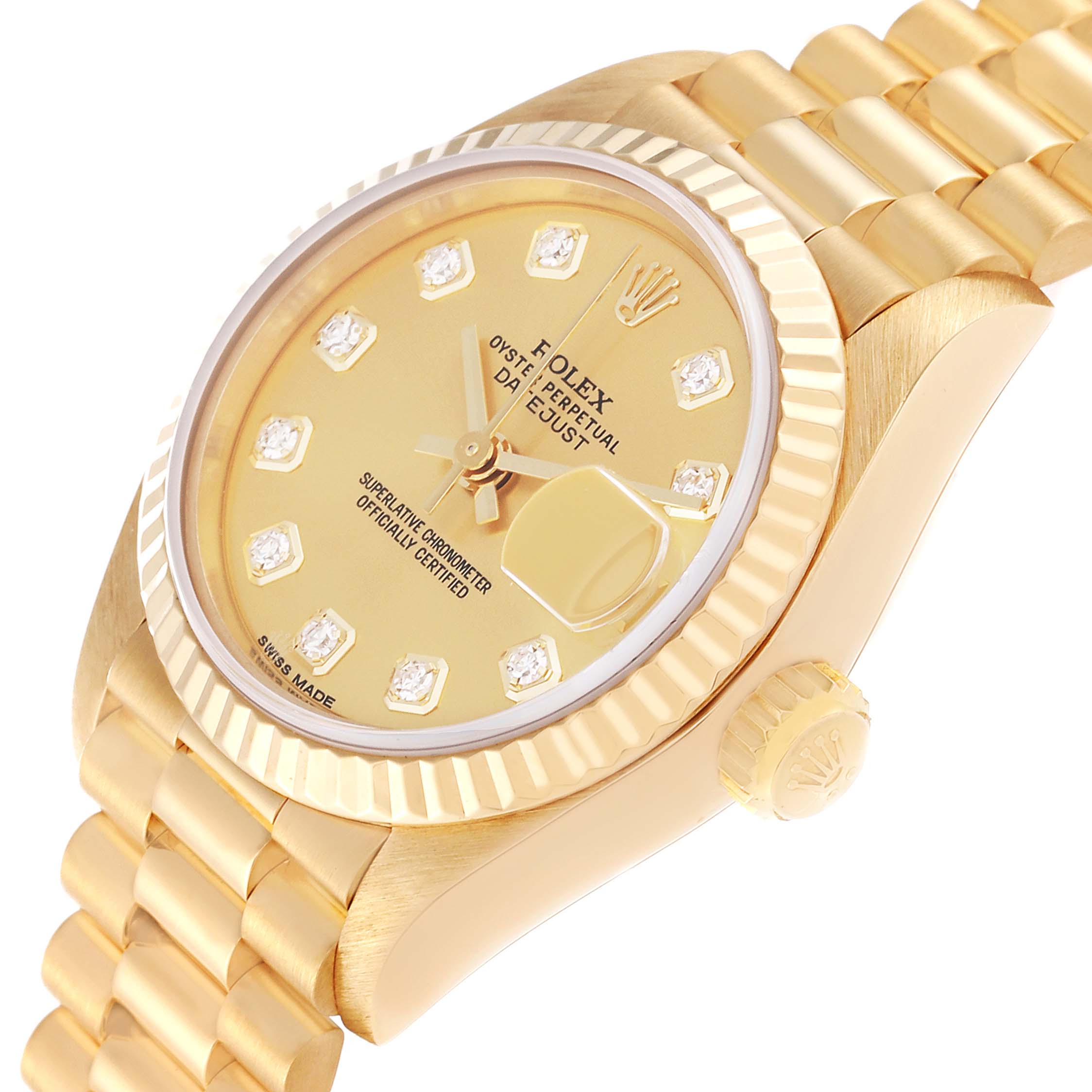 The image shows a Rolex President 69178 Women
s Yellow Gold Champagne Dial 69178 Women
s Yellow Gold Champagne Dial model watch with a gold dial, fluted bezel, and part of its gold bracelet from an angled side view.