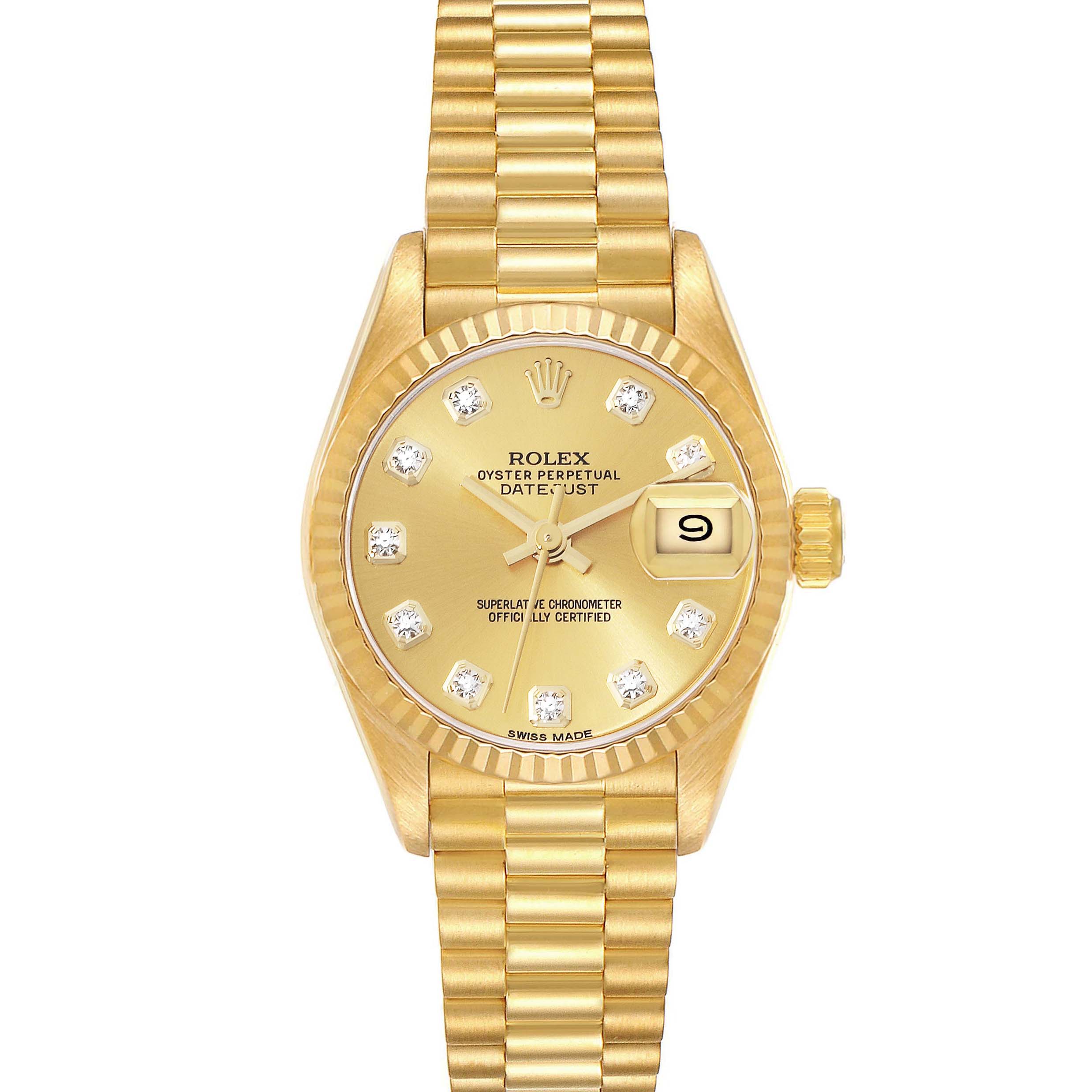 This image shows a frontal view of the Rolex President 69178 Women
s Yellow Gold Champagne Dial 69178 Women
s Yellow Gold Champagne Dial watch model, displaying the dial, bezel, crown, and bracelet.