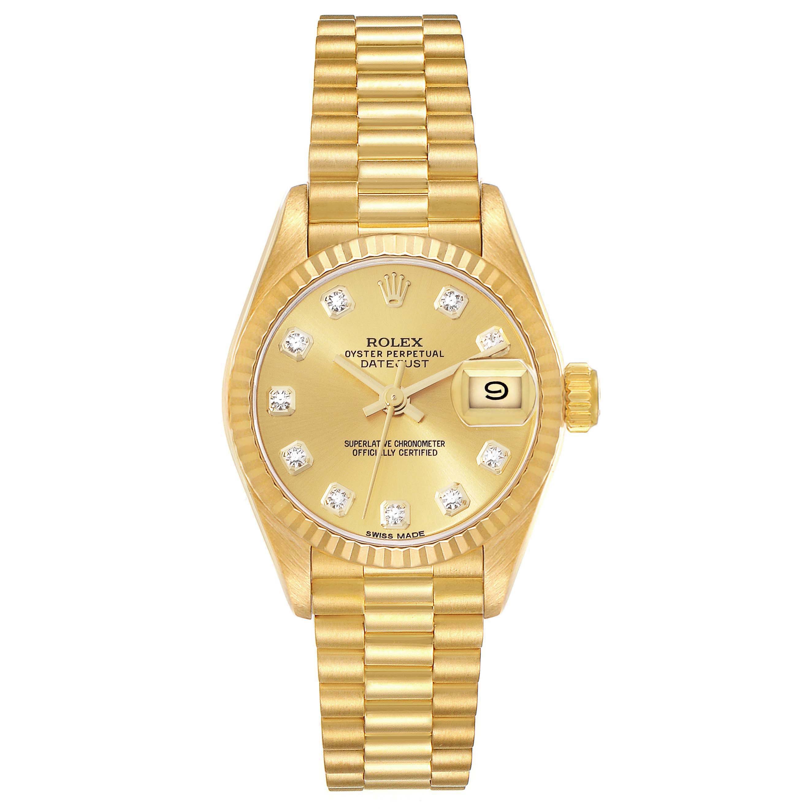 The image shows a frontal view of the Rolex President 69178 Women
s Yellow Gold Champagne Dial 69178 Women
s Yellow Gold Champagne Dial model watch, displaying its gold case, bracelet, dial, and date window.