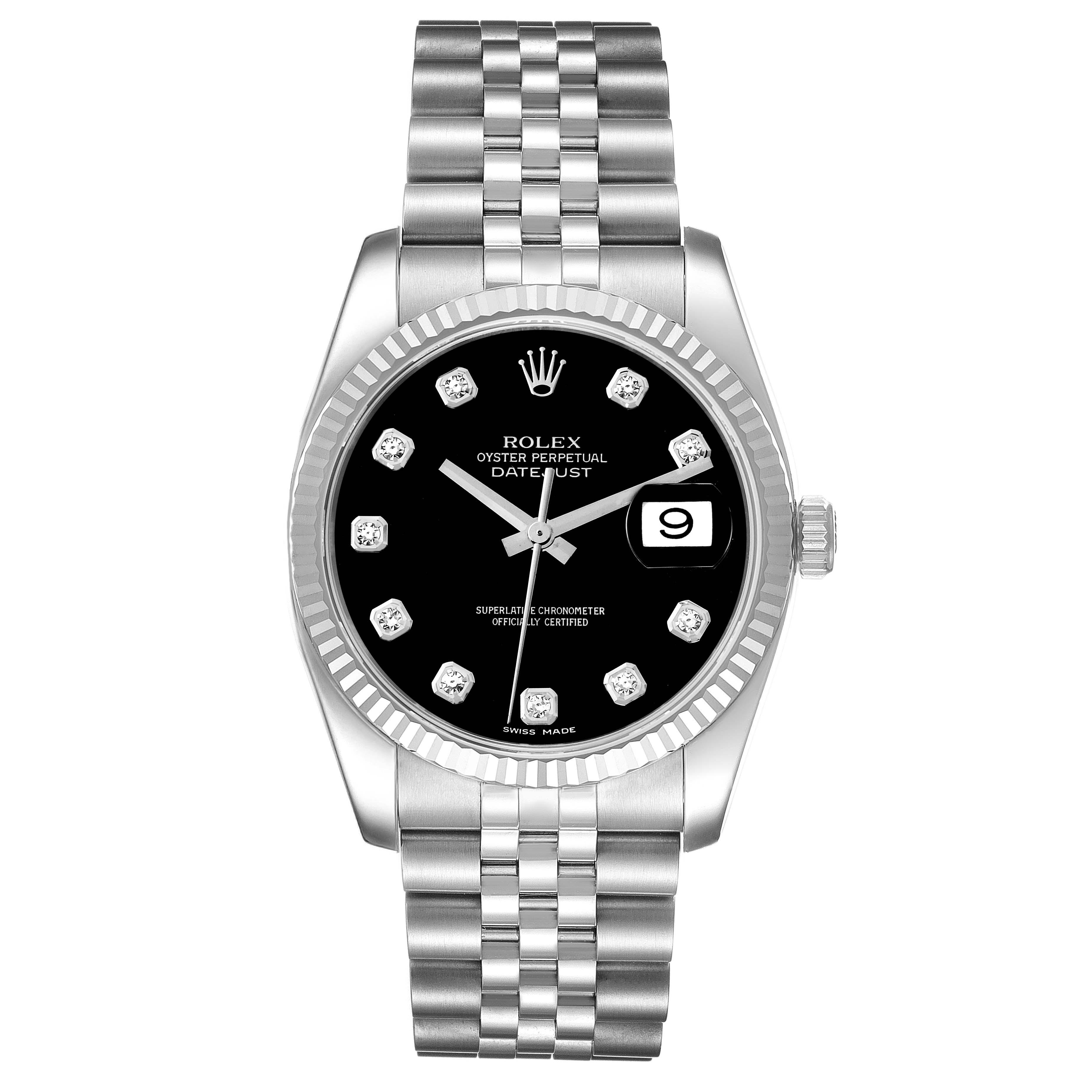 This is a front view of a Rolex Datejust 116234 Men's Stainless Steel Black Dial 116234 Men's Stainless Steel Black Dial watch, displaying its black dial, date window, and silver bracelet.
