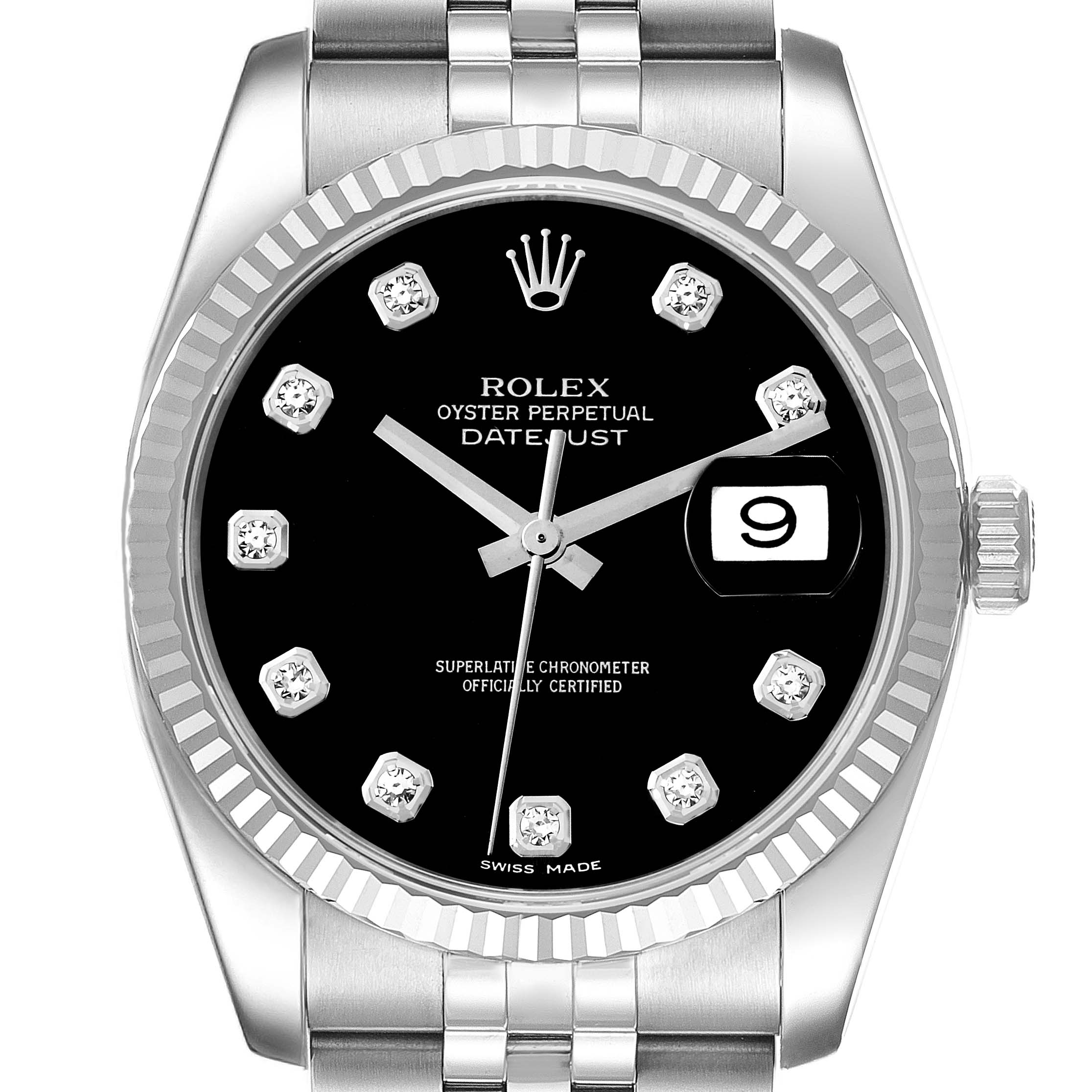 The image shows a front view of a Rolex Datejust 116234 Men's Stainless Steel Black Dial 116234 Men's Stainless Steel Black Dial watch, showcasing the dial, bezel, crown, and part of the bracelet.