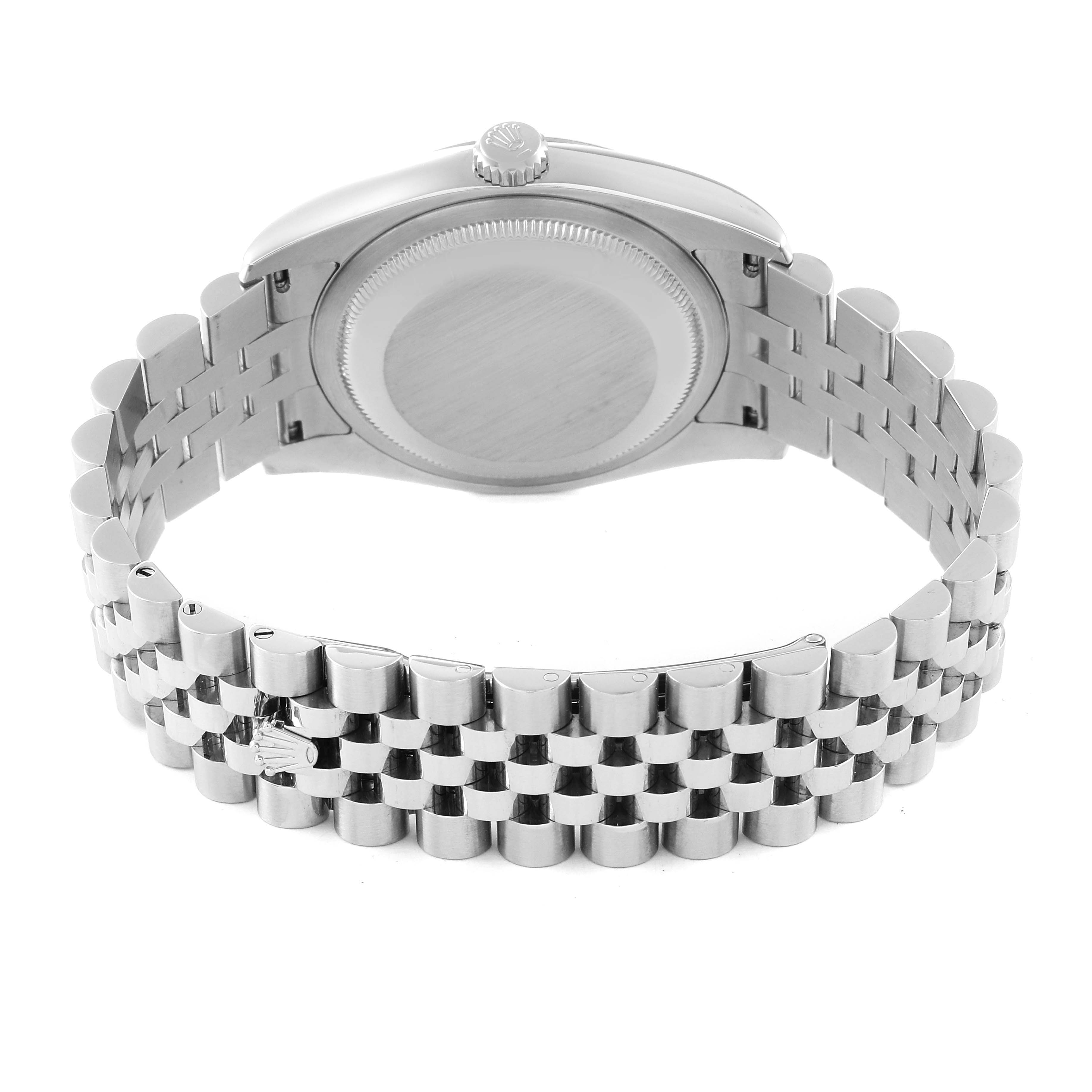 The image shows the back case and bracelet of a Rolex Datejust 116234 Men's Stainless Steel Black Dial 116234 Men's Stainless Steel Black Dial model watch from a rear angle.