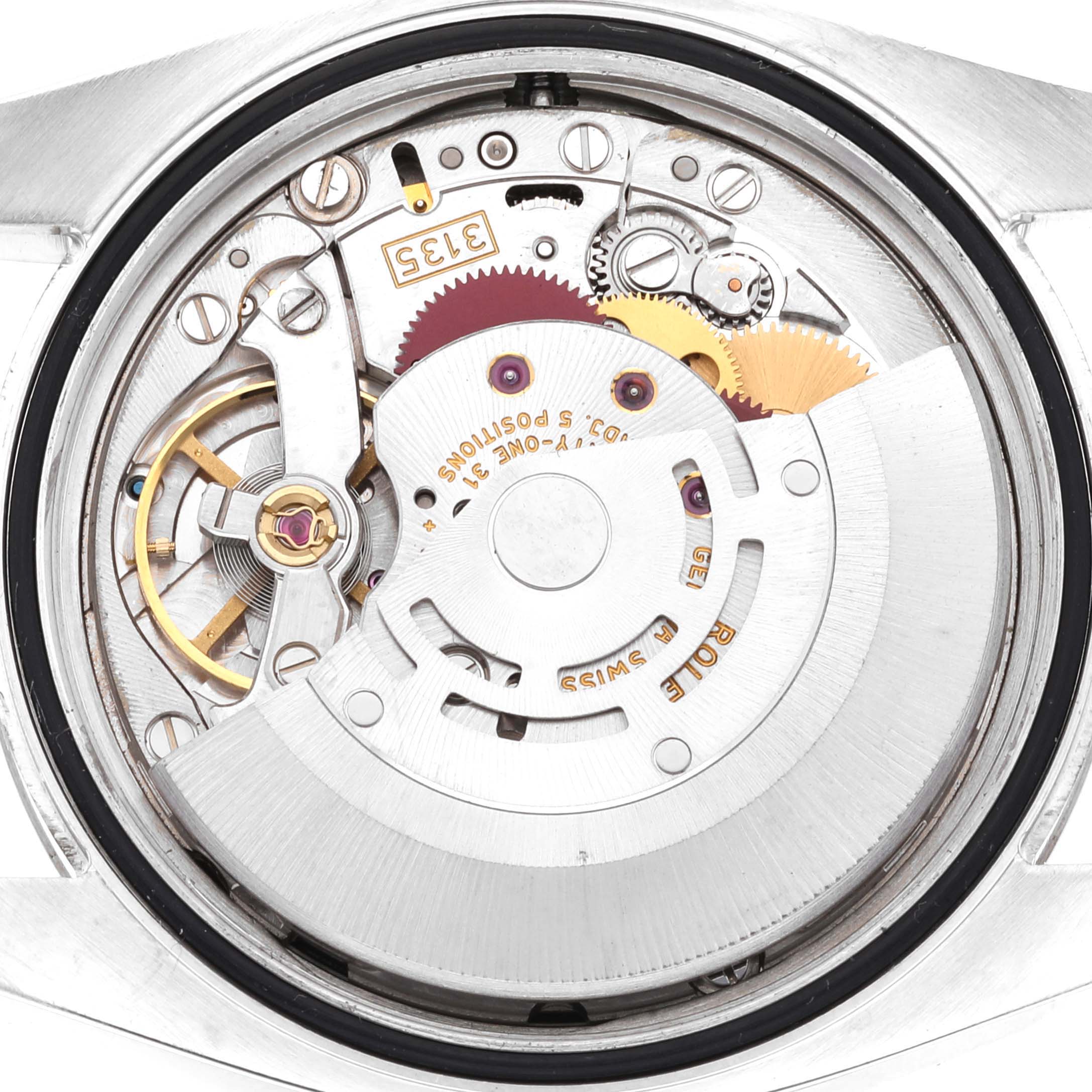 This image shows the internal mechanism and movement of the Rolex Datejust 116234 Men's Stainless Steel Black Dial 116234 Men's Stainless Steel Black Dial model from a rear angle.