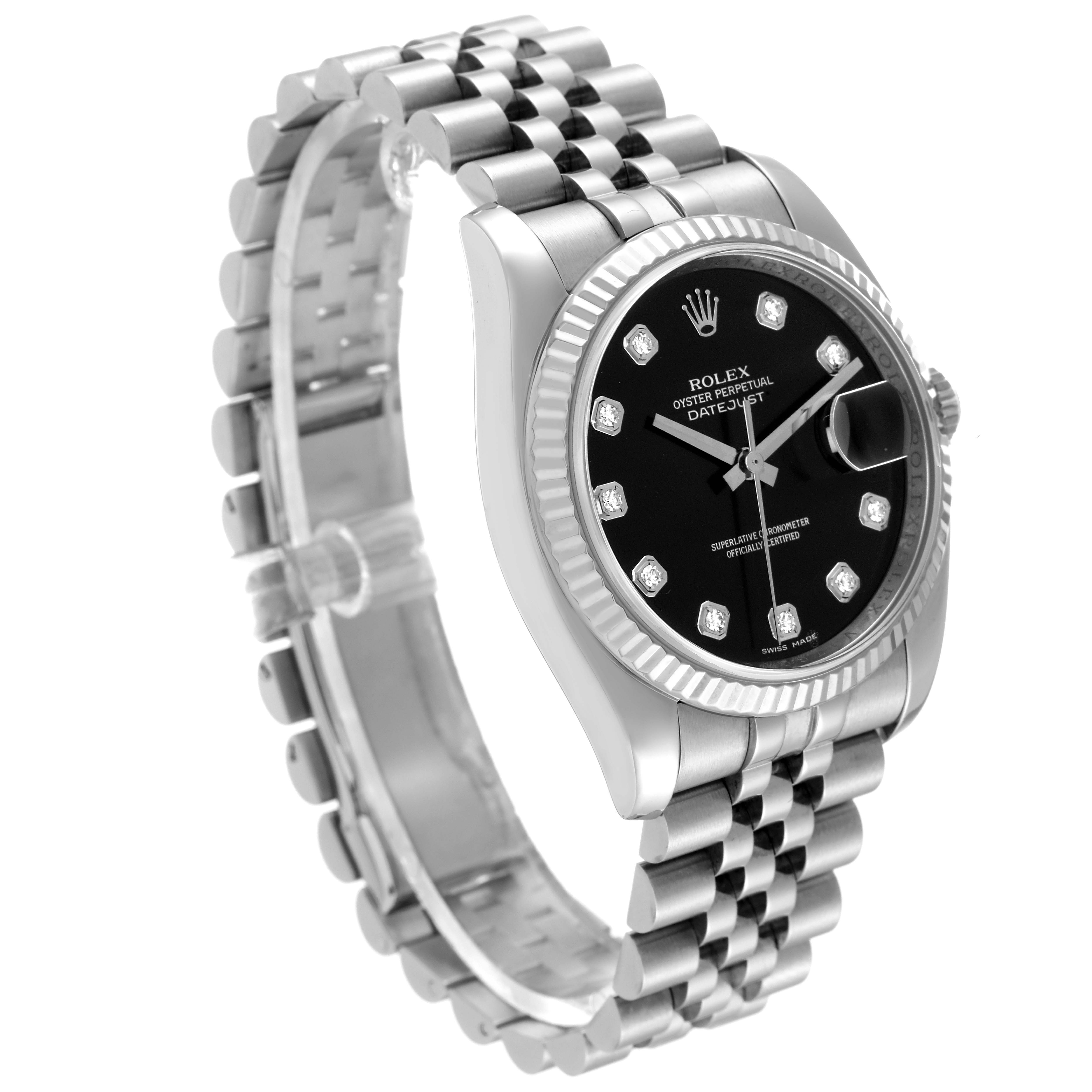 This Rolex Datejust 116234 Men's Stainless Steel Black Dial 116234 Men's Stainless Steel Black Dial watch is shown from a front-left angle, highlighting its black dial, fluted bezel, and Jubilee bracelet.