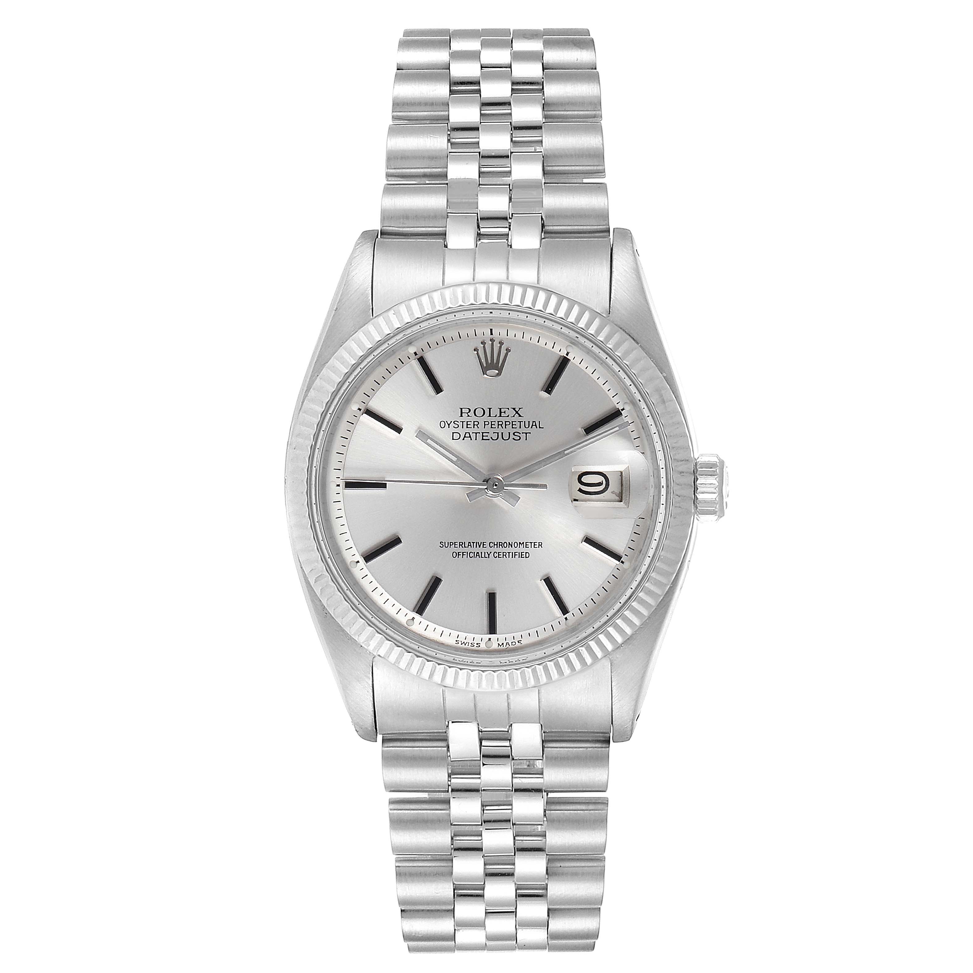 This image shows a front view of the Rolex Vintage Collection 1601 Men
s Stainless Steel Silver Dial 1601 Men
s Stainless Steel Silver Dial watch, highlighting the dial, bracelet, and date window.