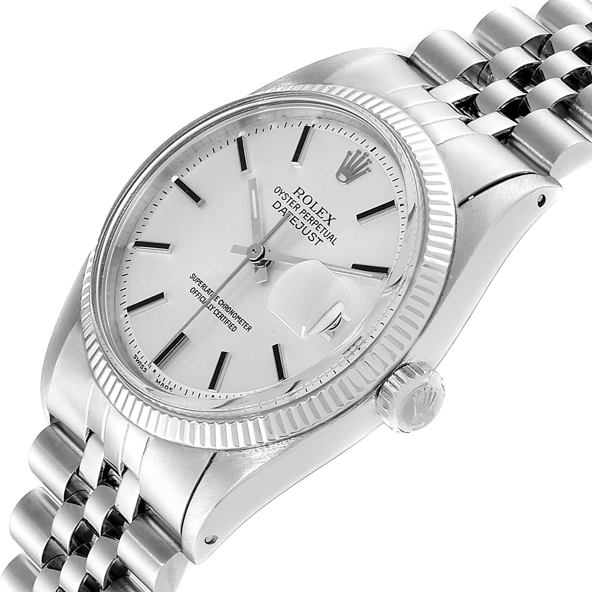 This image shows a Rolex Vintage Collection 1601 Men
s Stainless Steel Silver Dial 1601 Men
s Stainless Steel Silver Dial watch angled to highlight the dial, crown, and part of the bracelet.