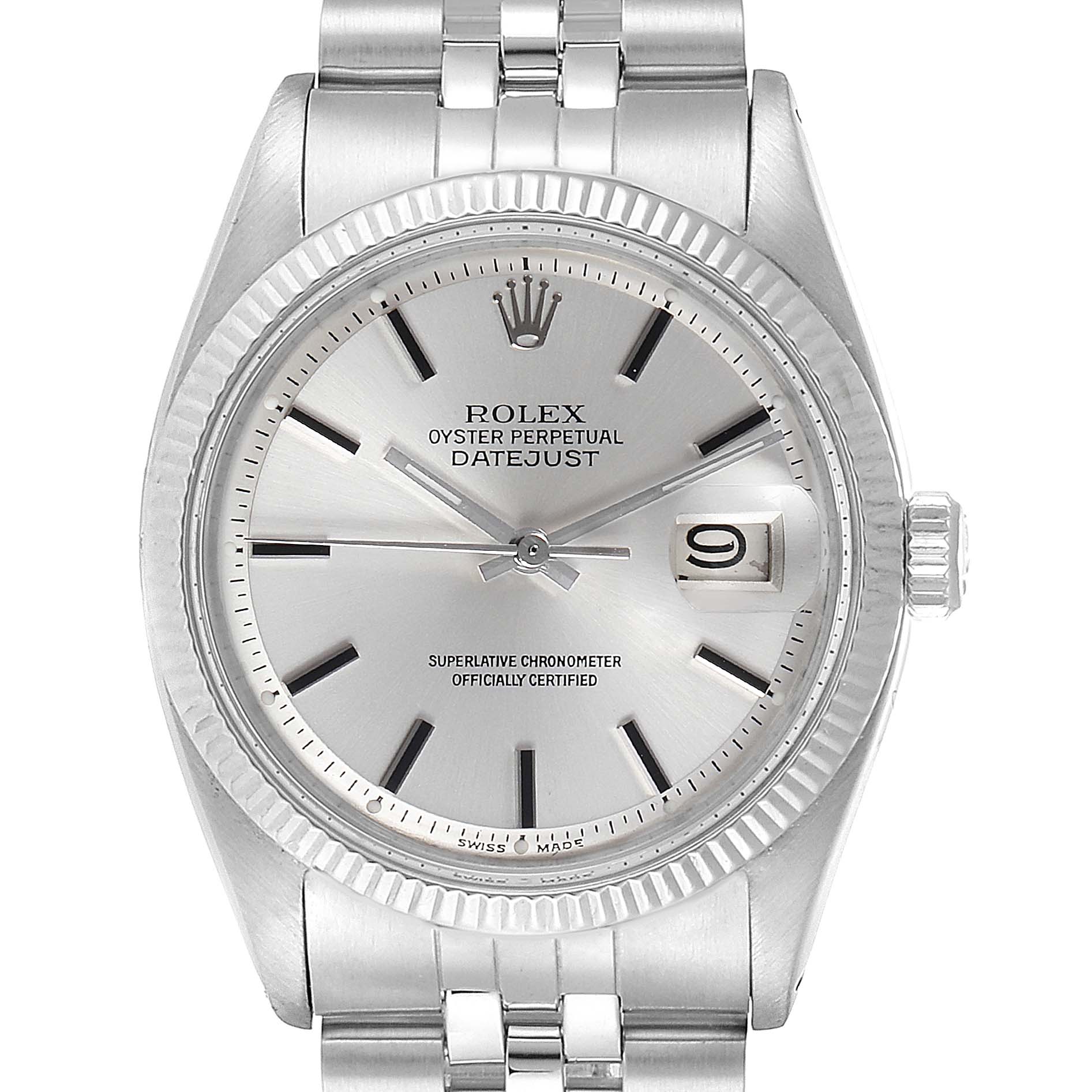 This image shows a frontal view of the Rolex Vintage Collection 1601 Men
s Stainless Steel Silver Dial 1601 Men
s Stainless Steel Silver Dial Datejust watch, featuring its dial, hands, crown, and bracelet.