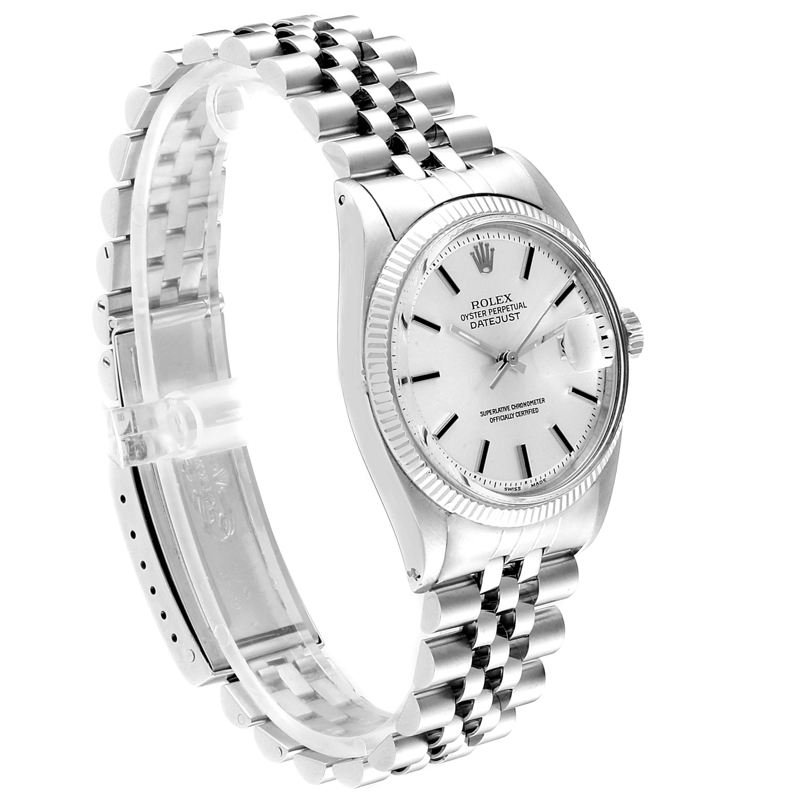 The image shows a side angle of the Rolex Vintage Collection 1601 Men
s Stainless Steel Silver Dial 1601 Men
s Stainless Steel Silver Dial Datejust watch, highlighting the face, case, and bracelet.