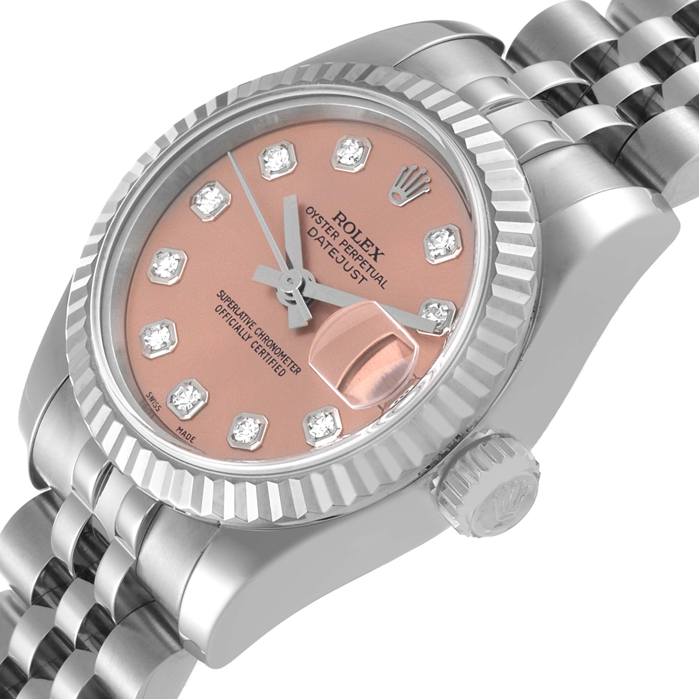 The image shows a Rolex Datejust 179174 Women's Stainless Steel Pink Dial 179174 Women's Stainless Steel Pink Dial watch at an angled view, displaying its pink dial, diamond hour markers, fluted bezel, and Jubilee bracelet.