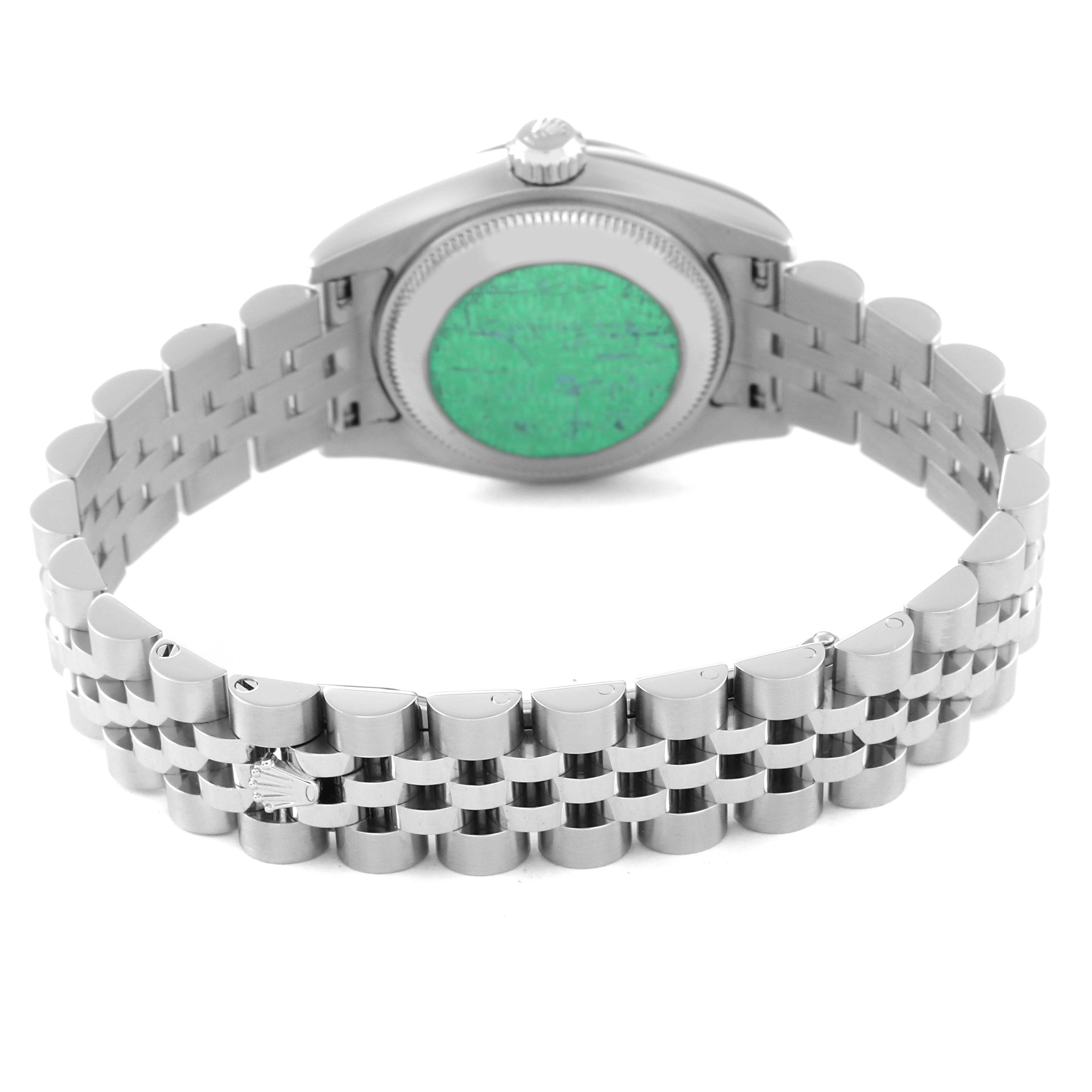 The image shows the back case and bracelet of a Rolex Datejust 179174 Women's Stainless Steel Pink Dial 179174 Women's Stainless Steel Pink Dial watch from a horizontal angle.