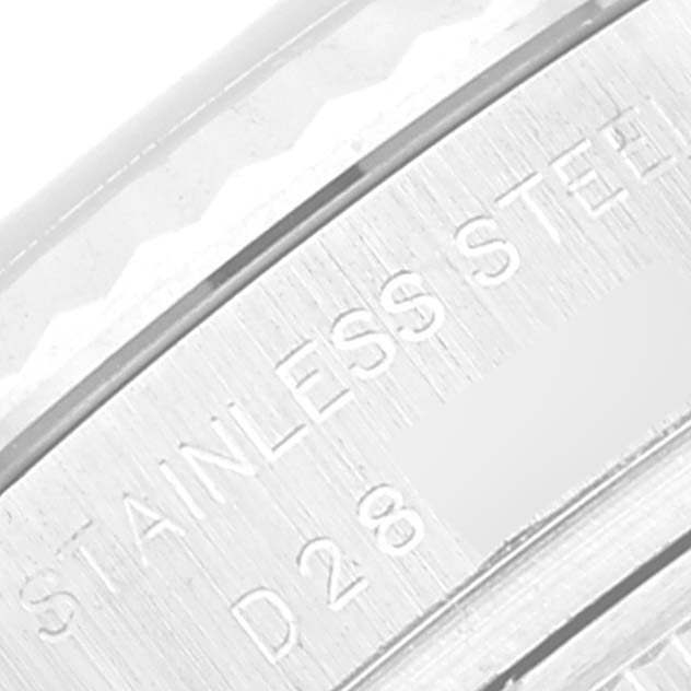 The image shows a close-up of the back case of a Rolex Datejust 179174 Women's Stainless Steel Pink Dial 179174 Women's Stainless Steel Pink Dial watch, highlighting the stainless steel engraving.