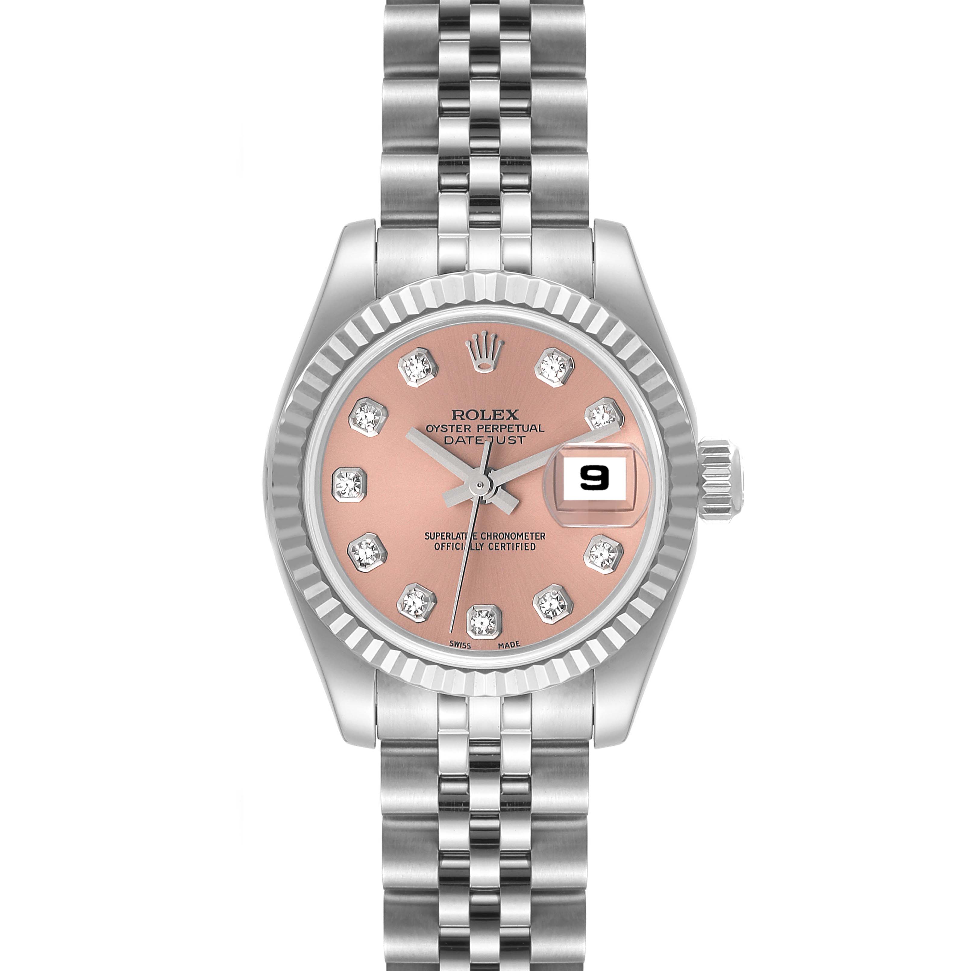 The image shows a frontal view of a Rolex Datejust 179174 Women's Stainless Steel Pink Dial 179174 Women's Stainless Steel Pink Dial model watch with a pink dial, diamond hour markers, and a Jubilee bracelet.