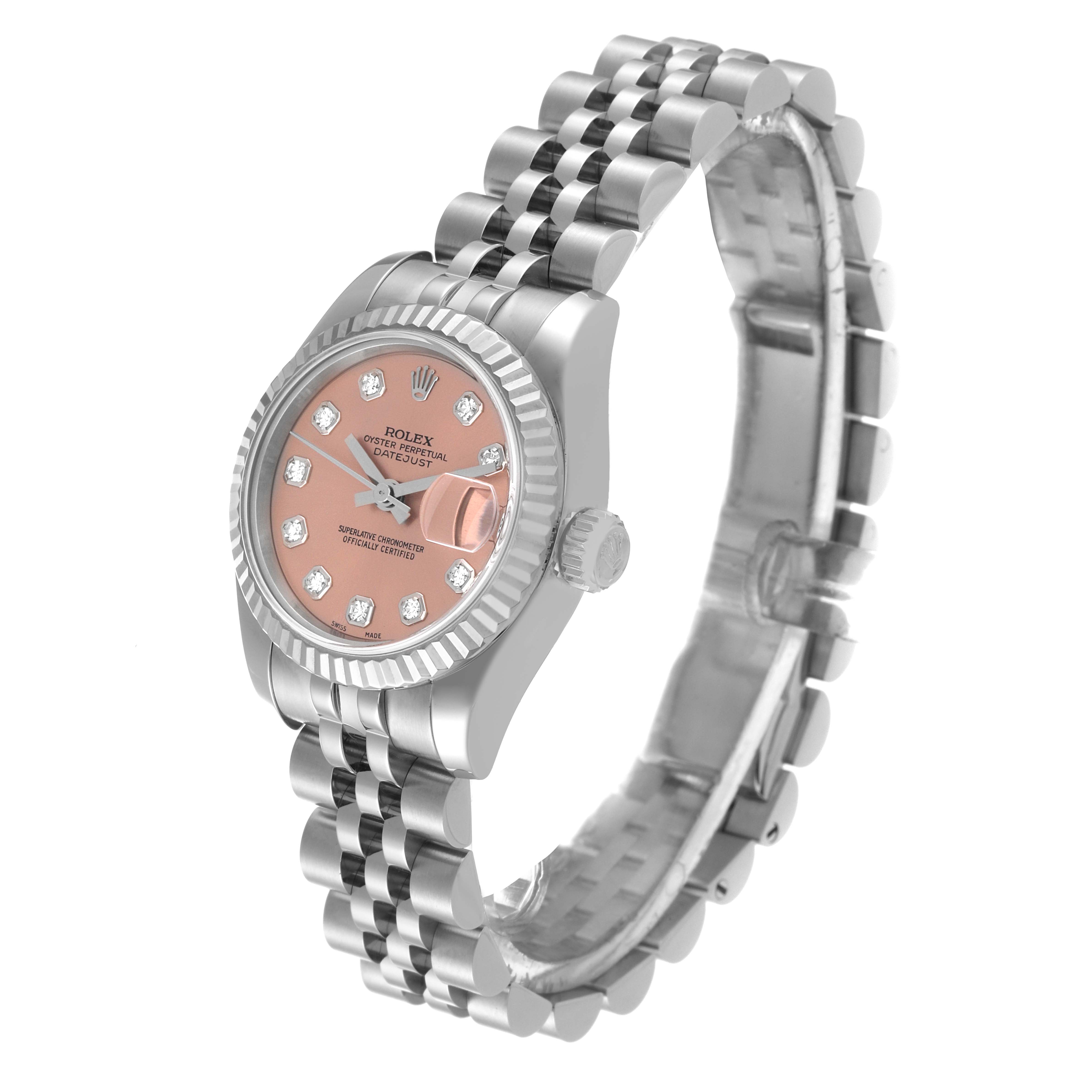 The image shows a side angle of a Rolex Datejust 179174 Women's Stainless Steel Pink Dial 179174 Women's Stainless Steel Pink Dial watch with a pink dial and jubilee bracelet.