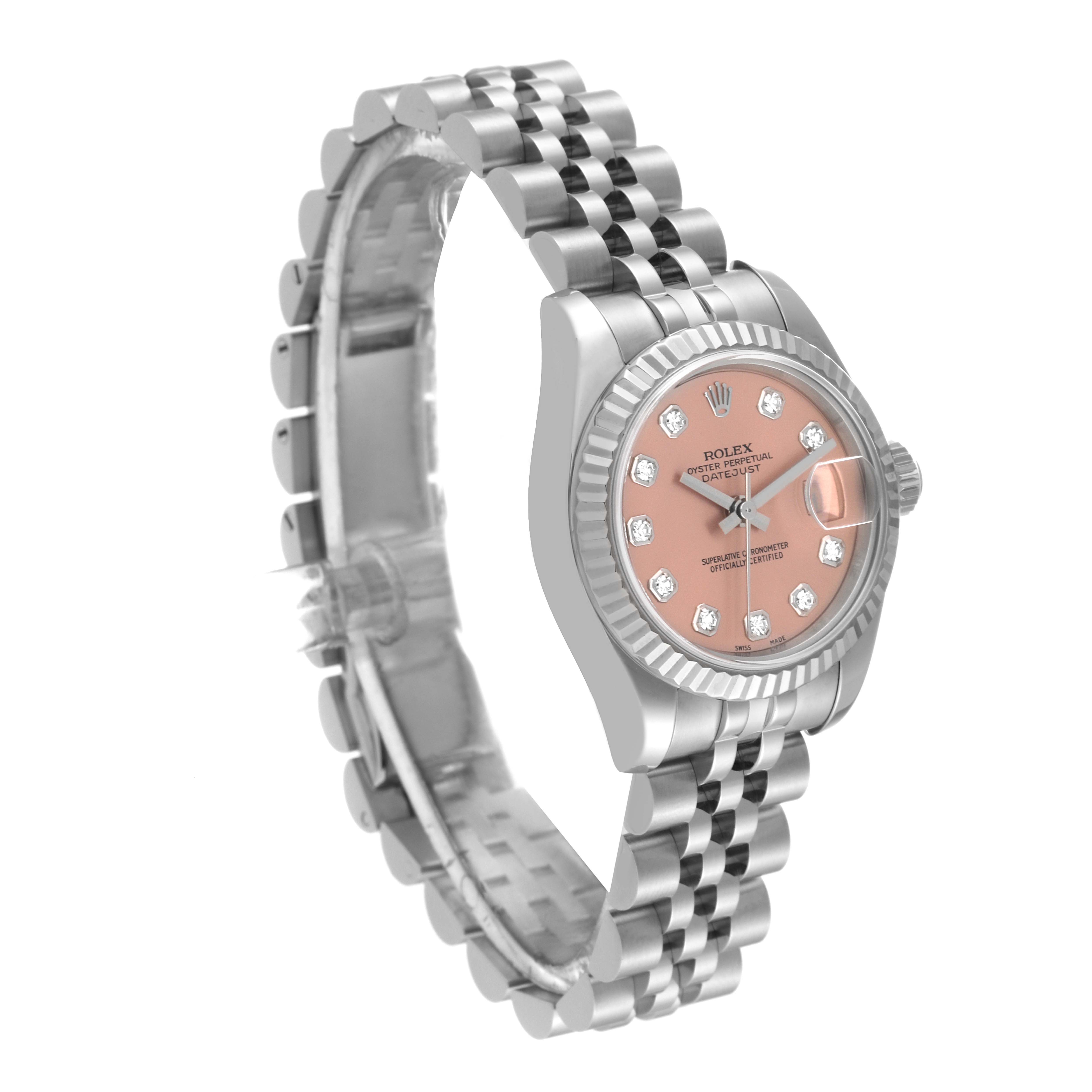 The image shows a Rolex Datejust 179174 Women's Stainless Steel Pink Dial 179174 Women's Stainless Steel Pink Dial watch from a three-quarter angle, highlighting its strap, bezel, and dial.