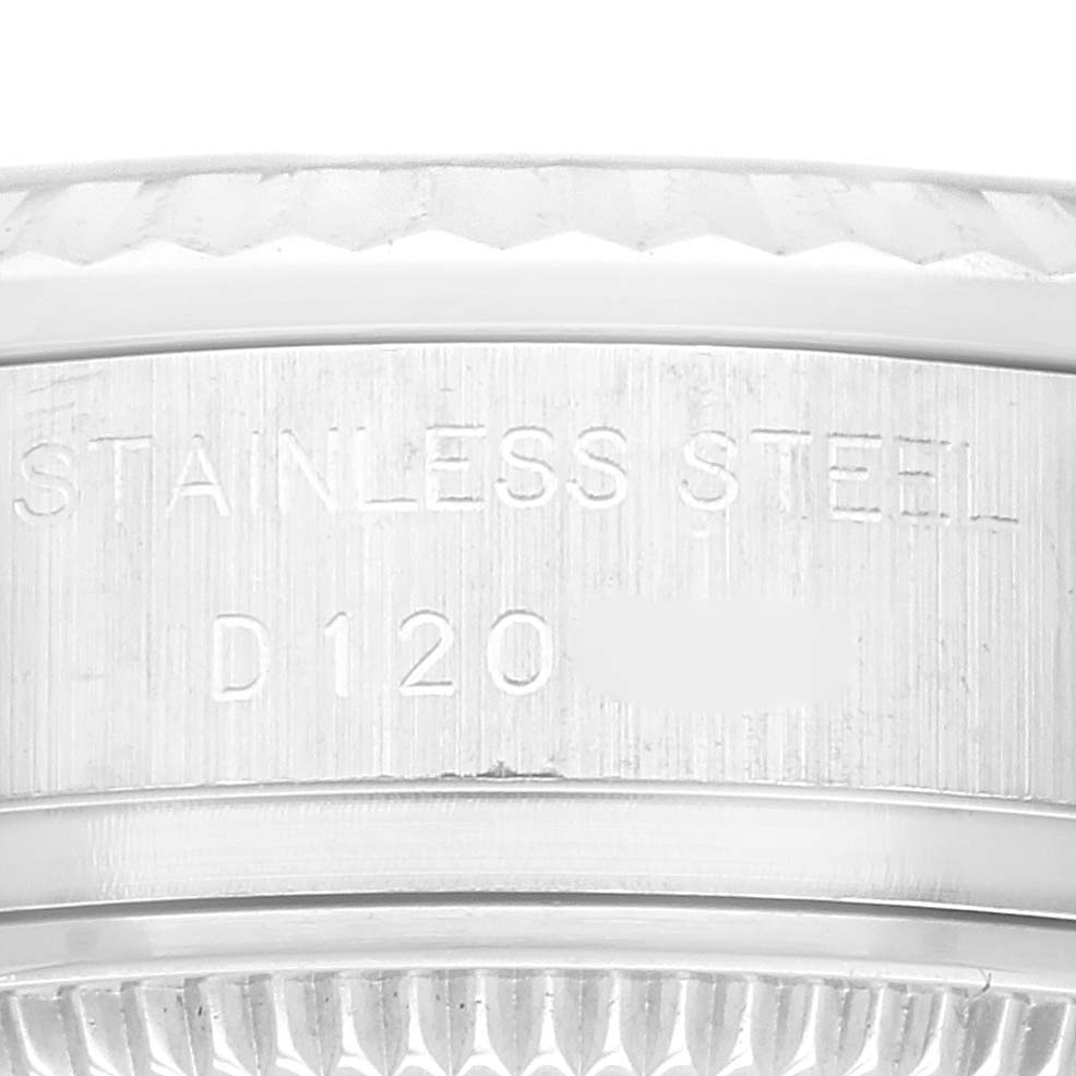 This image shows a close-up view of the inscription area on the stainless steel case of a Rolex Datejust 179174 Women's Stainless Steel Pink Dial 179174 Women's Stainless Steel Pink Dial watch.