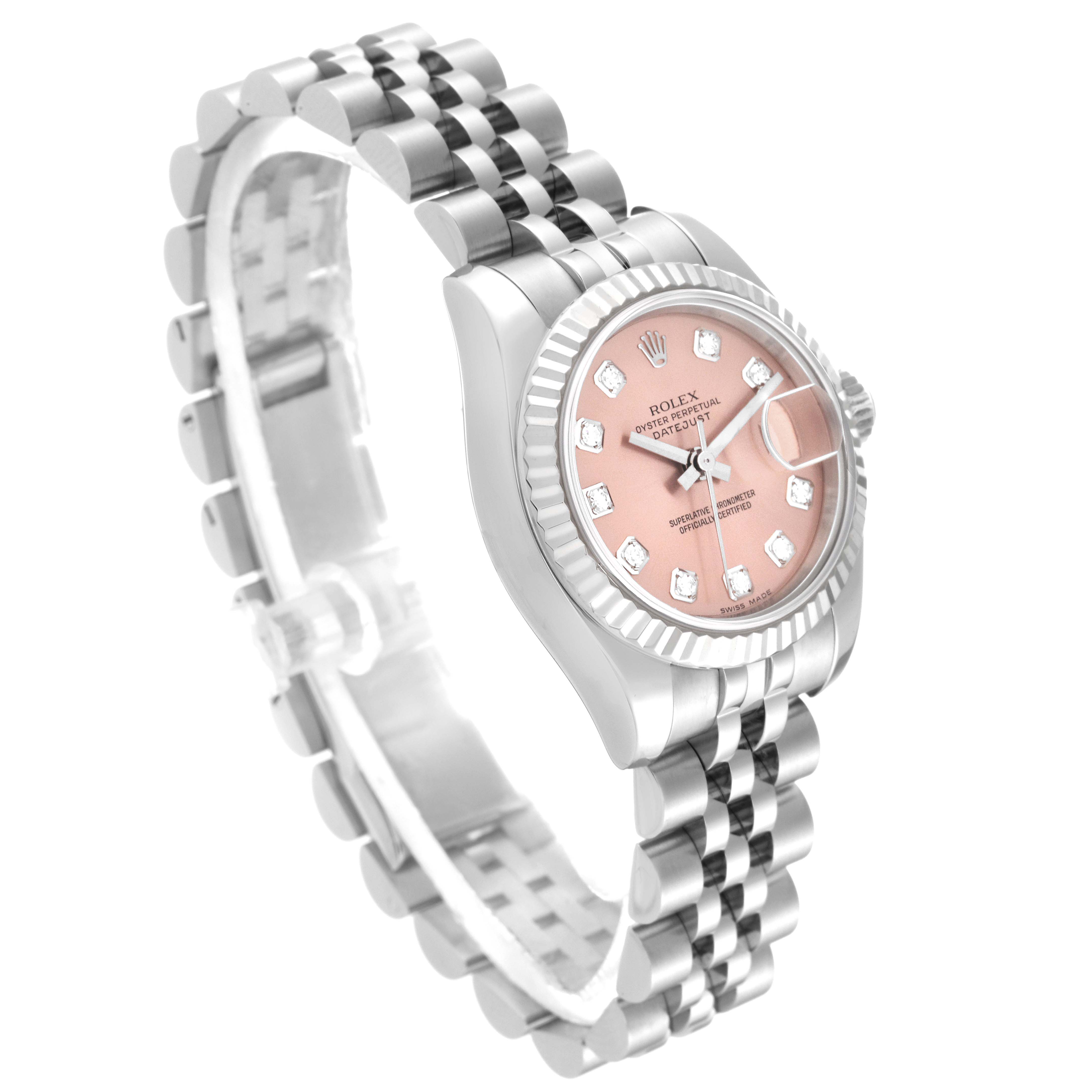 The Rolex Datejust 179174 Women's Stainless Steel Pink Dial 179174 Women's Stainless Steel Pink Dial watch is shown from an angled side view, highlighting the band, dial, and bezel.