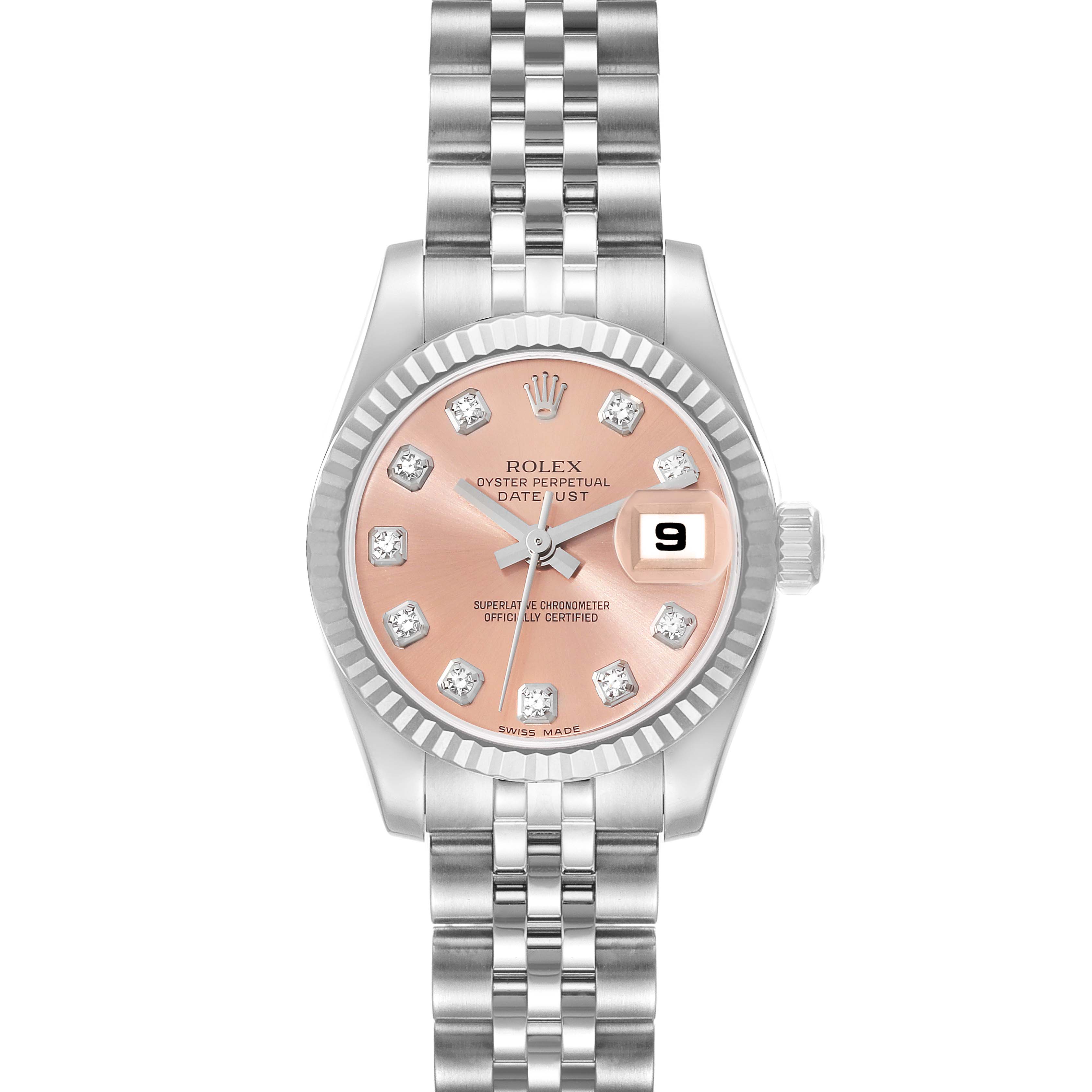 The Rolex Datejust 179174 Women's Stainless Steel Pink Dial 179174 Women's Stainless Steel Pink Dial watch is shown from a top-down angle, displaying its bracelet, dial, hands, date window, and bezel.