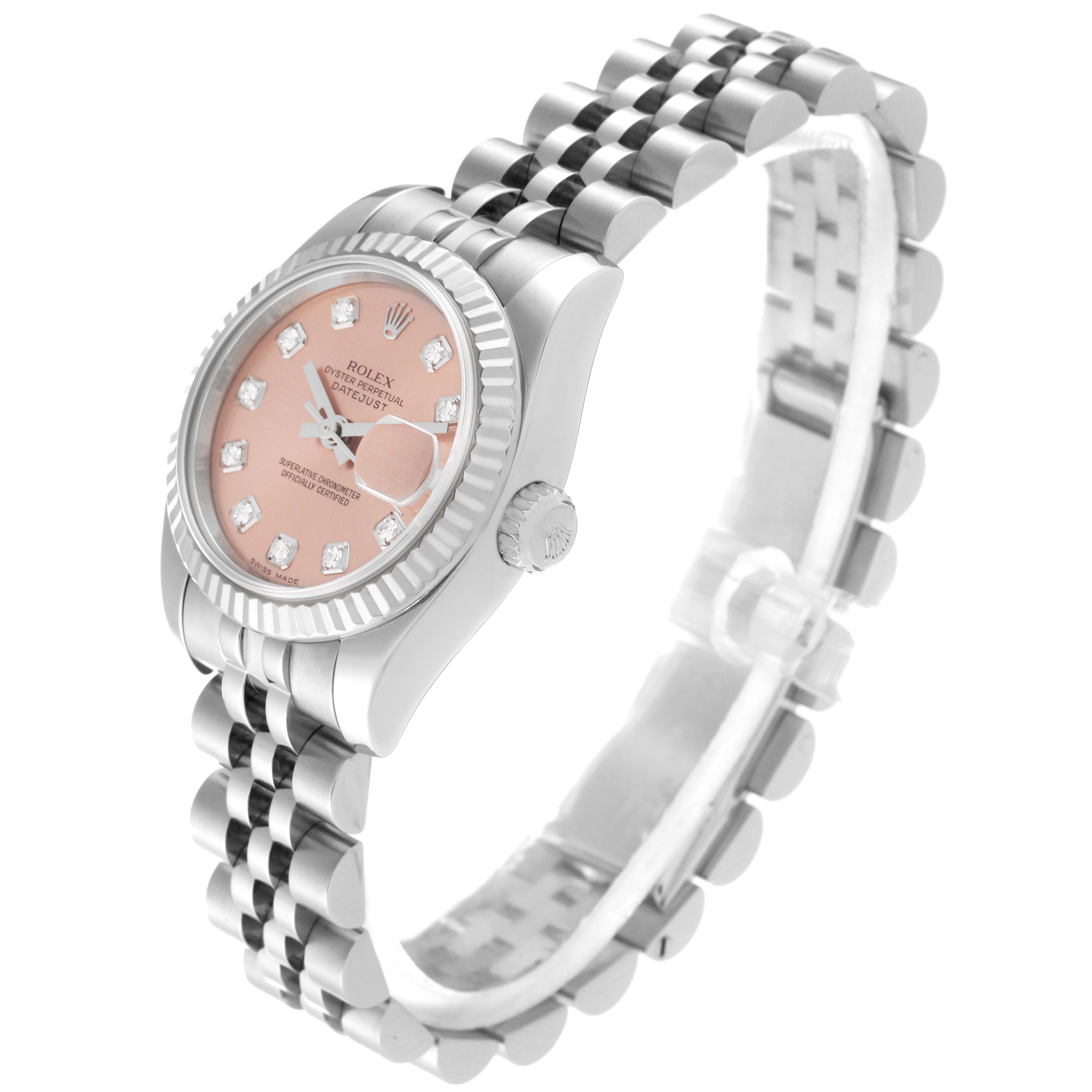 The Rolex Datejust 179174 Women's Stainless Steel Pink Dial 179174 Women's Stainless Steel Pink Dial watch is shown at an angled side view, highlighting the pink dial, diamond markers, and Jubilee bracelet.
