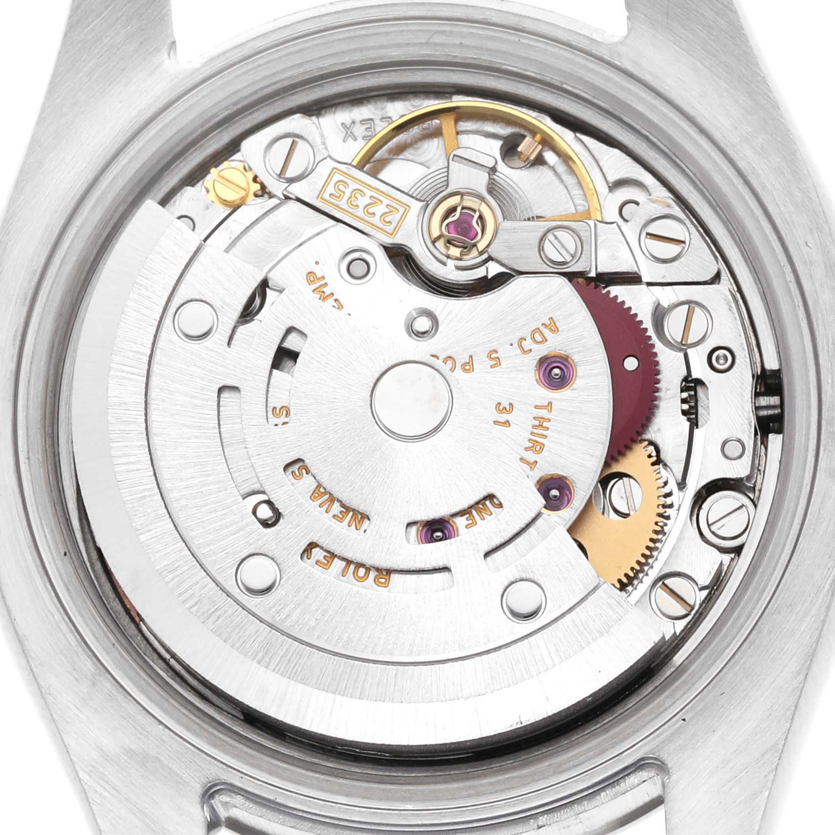 This image shows the intricate movement mechanism from the back of a Rolex Datejust 179174 Women's Stainless Steel Pink Dial 179174 Women's Stainless Steel Pink Dial watch.