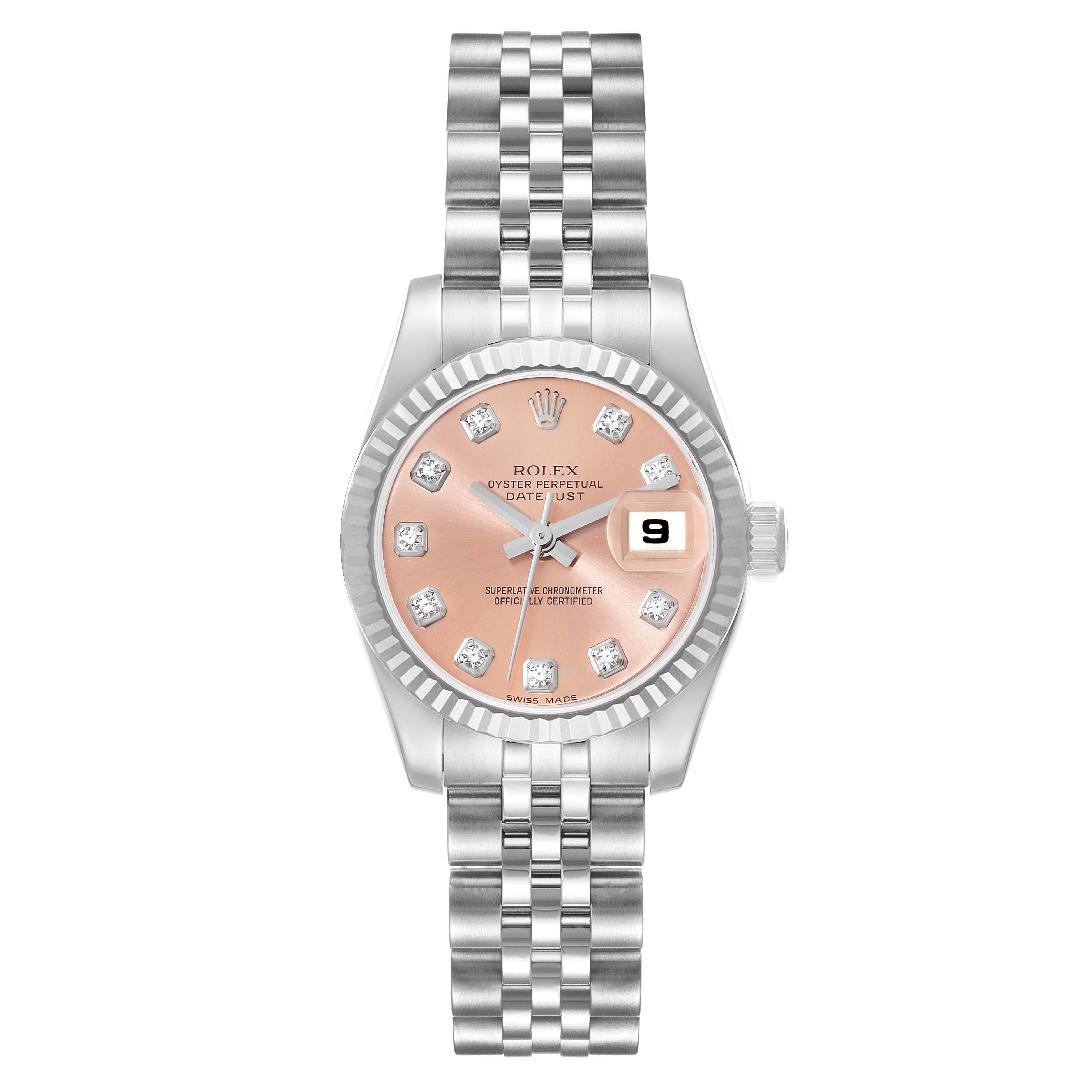 This image shows the Rolex Datejust 179174 Women's Stainless Steel Pink Dial 179174 Women's Stainless Steel Pink Dial watch from a top-down angle, highlighting the face, bezel, and bracelet.