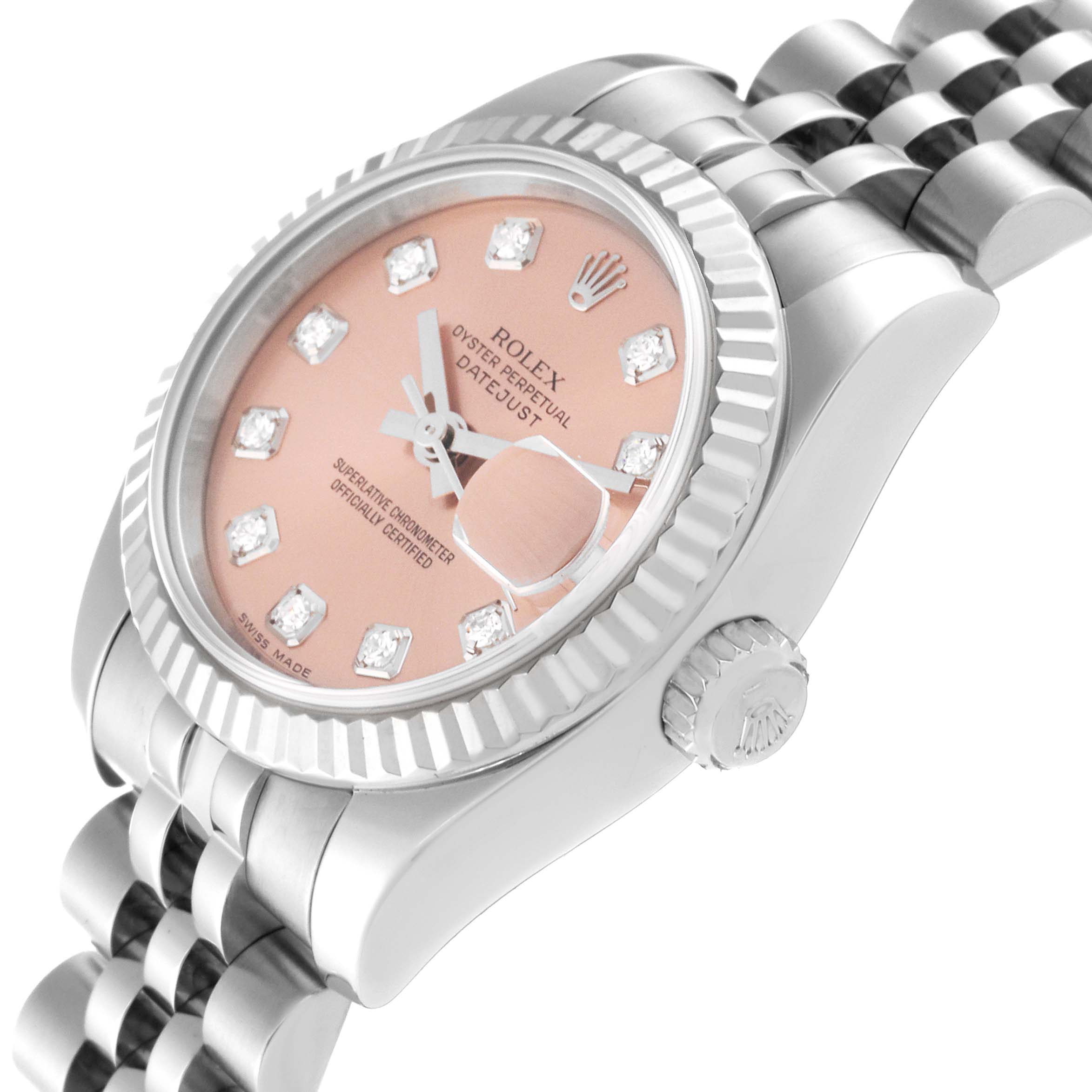 The Rolex Datejust 179174 Women's Stainless Steel Pink Dial 179174 Women's Stainless Steel Pink Dial watch is shown from an angled perspective, highlighting the face, bezel, bracelet links, and crown.