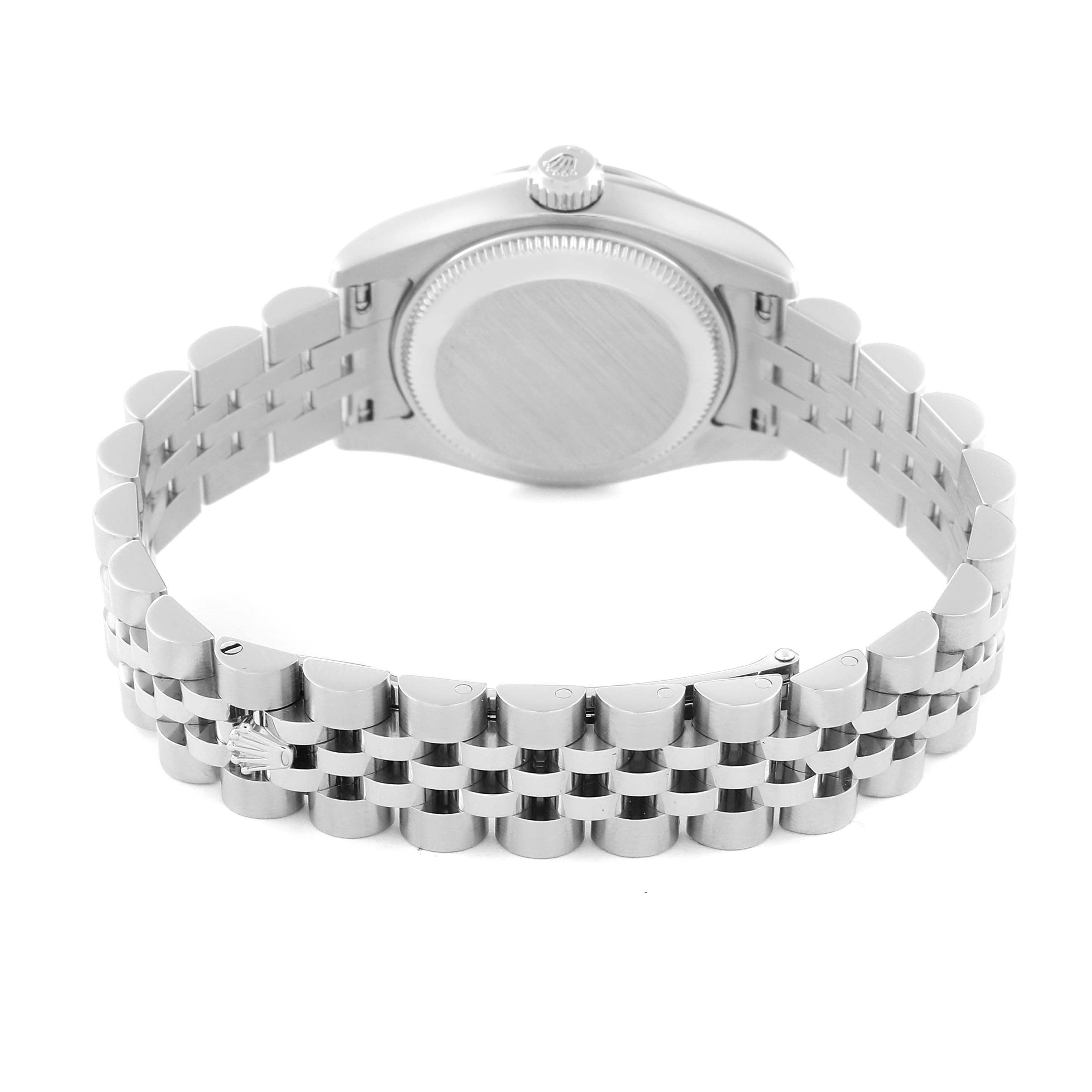 The image shows the back side of a Rolex Datejust 179174 Women's Stainless Steel Pink Dial 179174 Women's Stainless Steel Pink Dial model, focusing on the bracelet and case back.