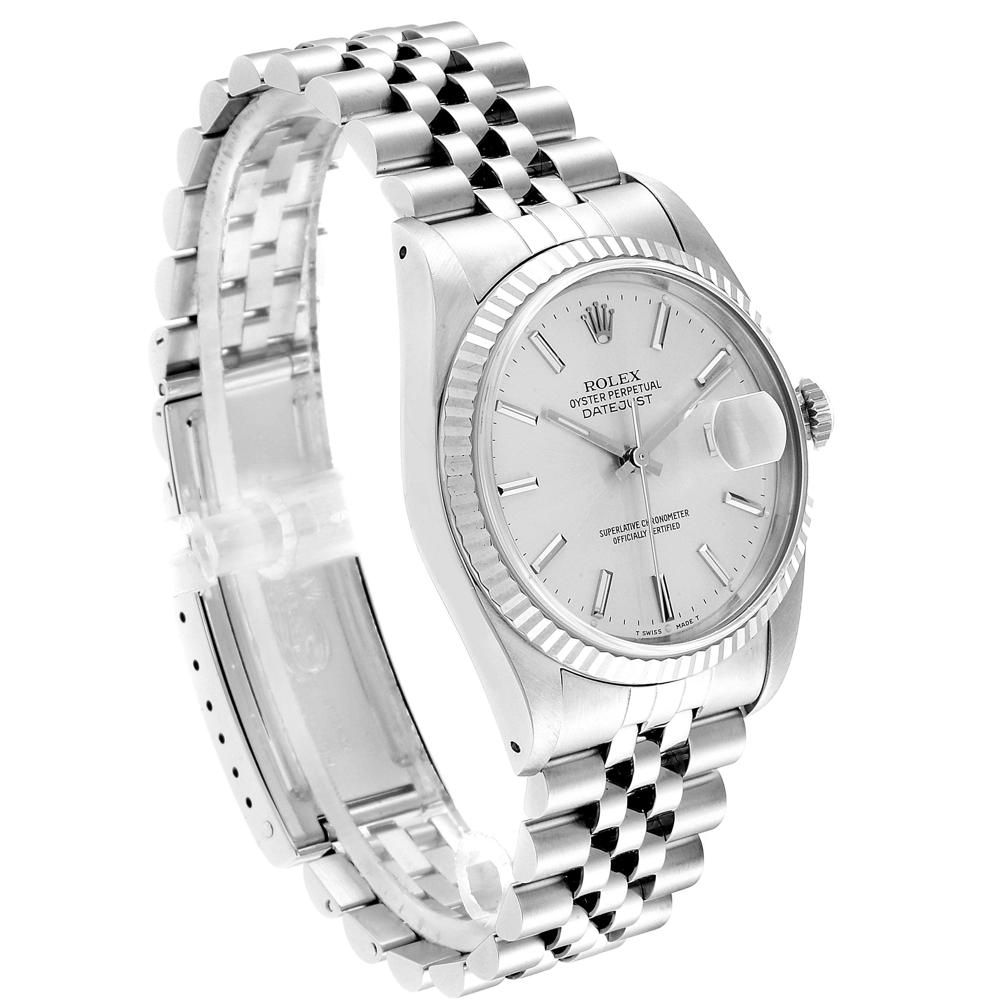 The image shows a Rolex Datejust 16234 Men's Stainless Steel Silver Dial 16234 Men's Stainless Steel Silver Dial watch from a front-side angle, highlighting the face, bezel, and bracelet.
