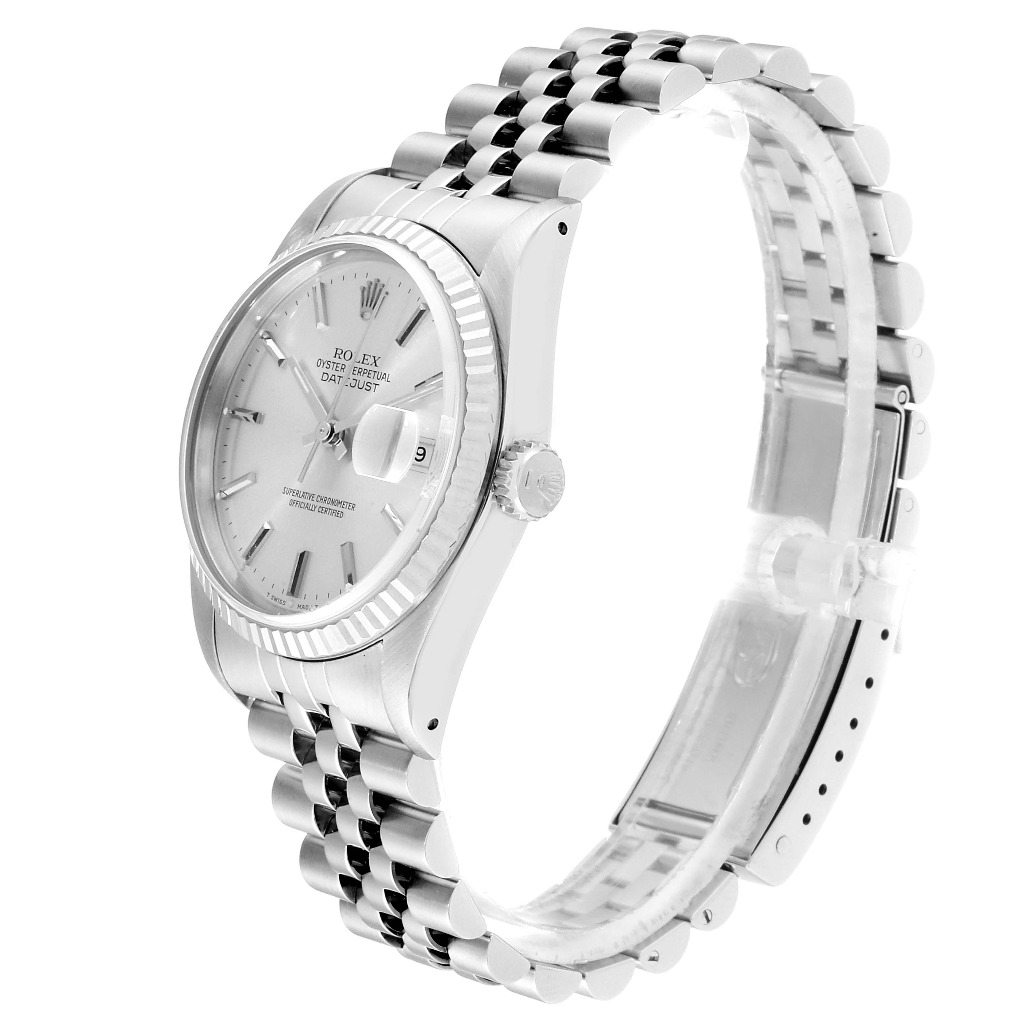 The image shows a Rolex Datejust 16234 Men's Stainless Steel Silver Dial 16234 Men's Stainless Steel Silver Dial watch from a side angle, highlighting the face, crown, and Jubilee bracelet.