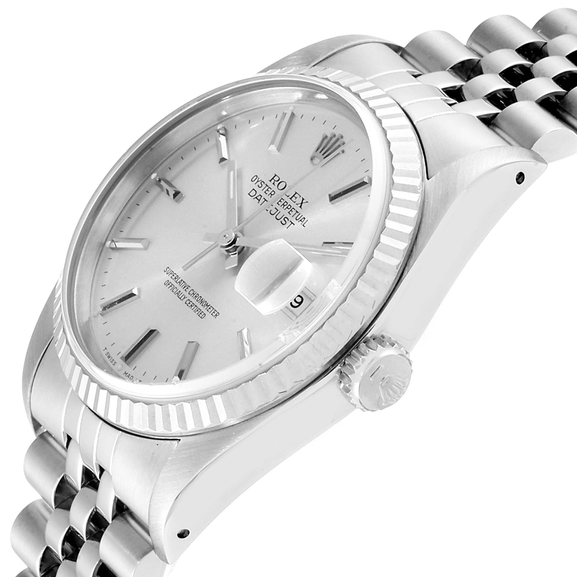 The image shows a side view of the Rolex Datejust 16234 Men's Stainless Steel Silver Dial 16234 Men's Stainless Steel Silver Dial watch, highlighting its face, bezel, and part of the bracelet.