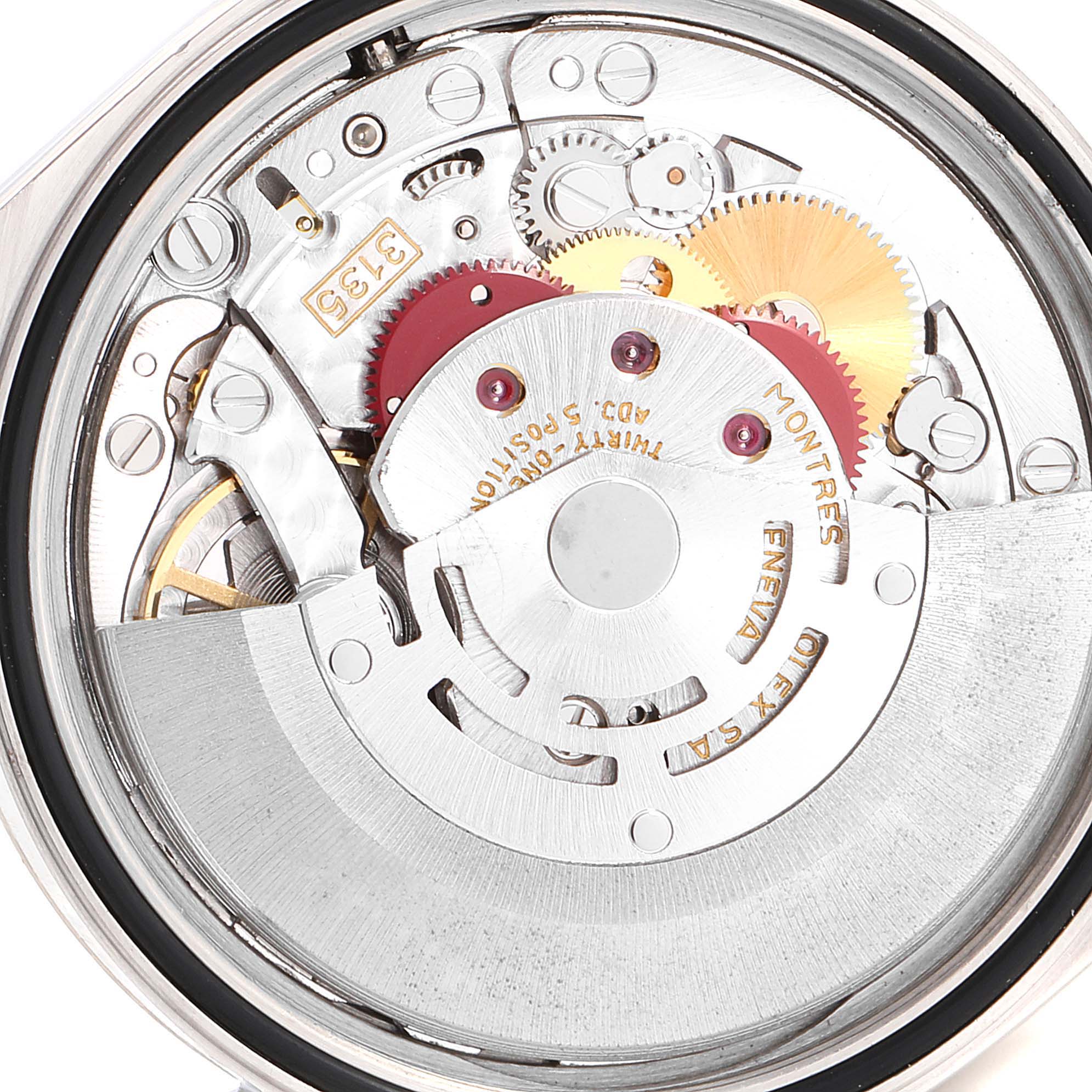 The image shows the internal mechanism and gears of a Rolex Datejust 16234 Men's Stainless Steel Silver Dial 16234 Men's Stainless Steel Silver Dial watch from a close-up angle.